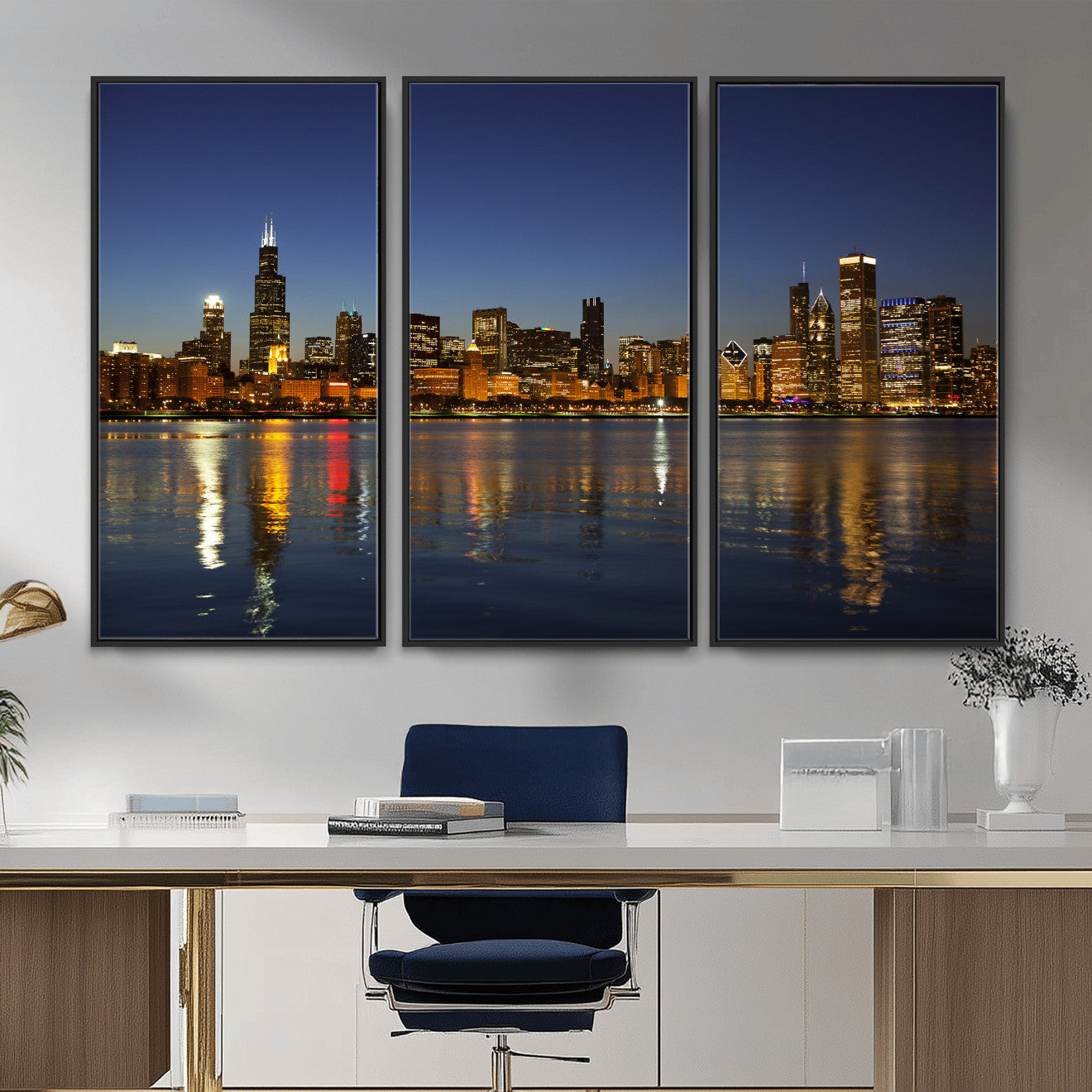 67308035-MGV-CV-36X24 - Chicago Wall Art Canvas Print, Chicago City Downtown Night Cityscape Print for Modern Urban Wall Decor