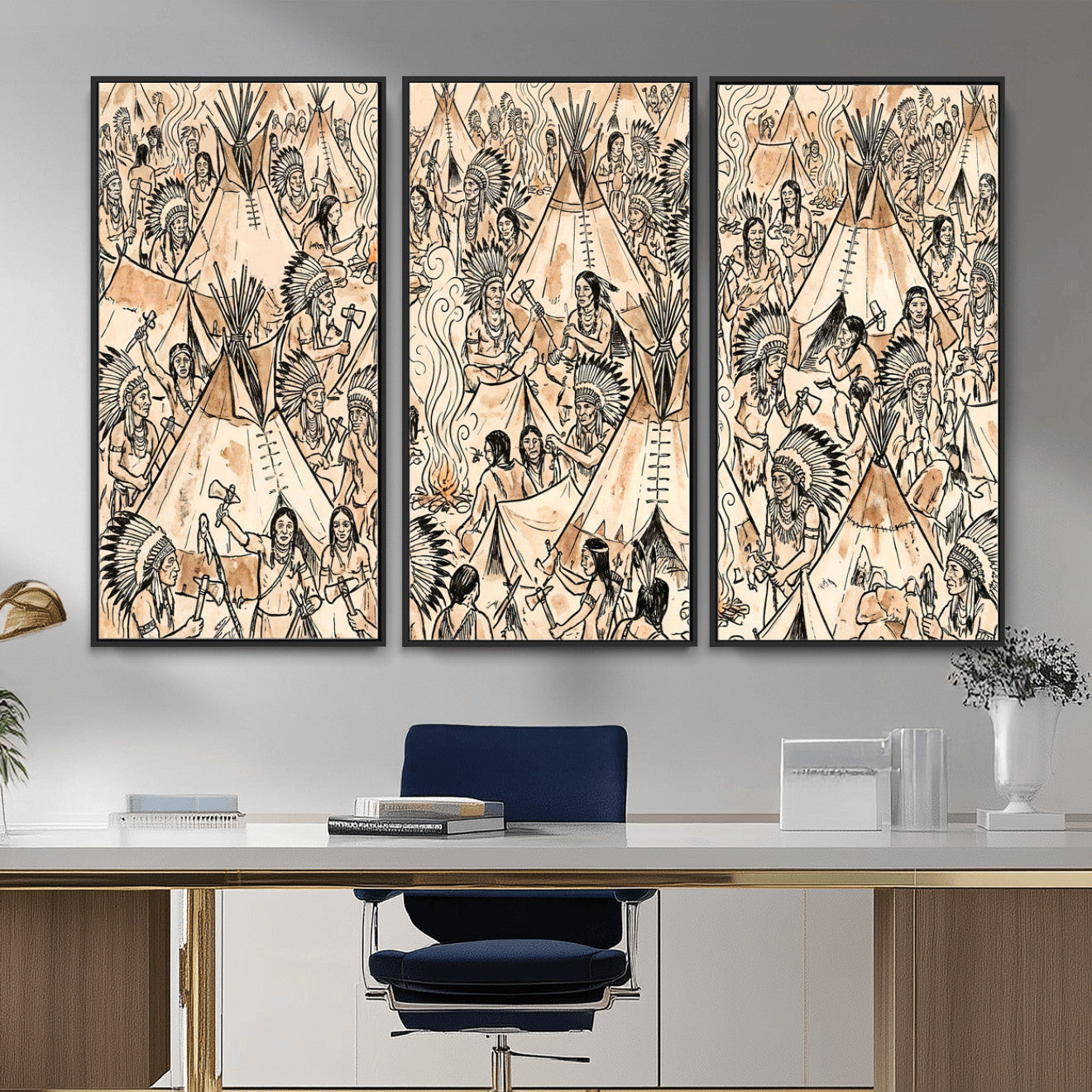 72739176-MGV-CV-36X24 - Farmhouse Animals Wall Art Canvas Print - Abstract Farm Animal Drawing Mid-Century Wall Art for Cabin Decor