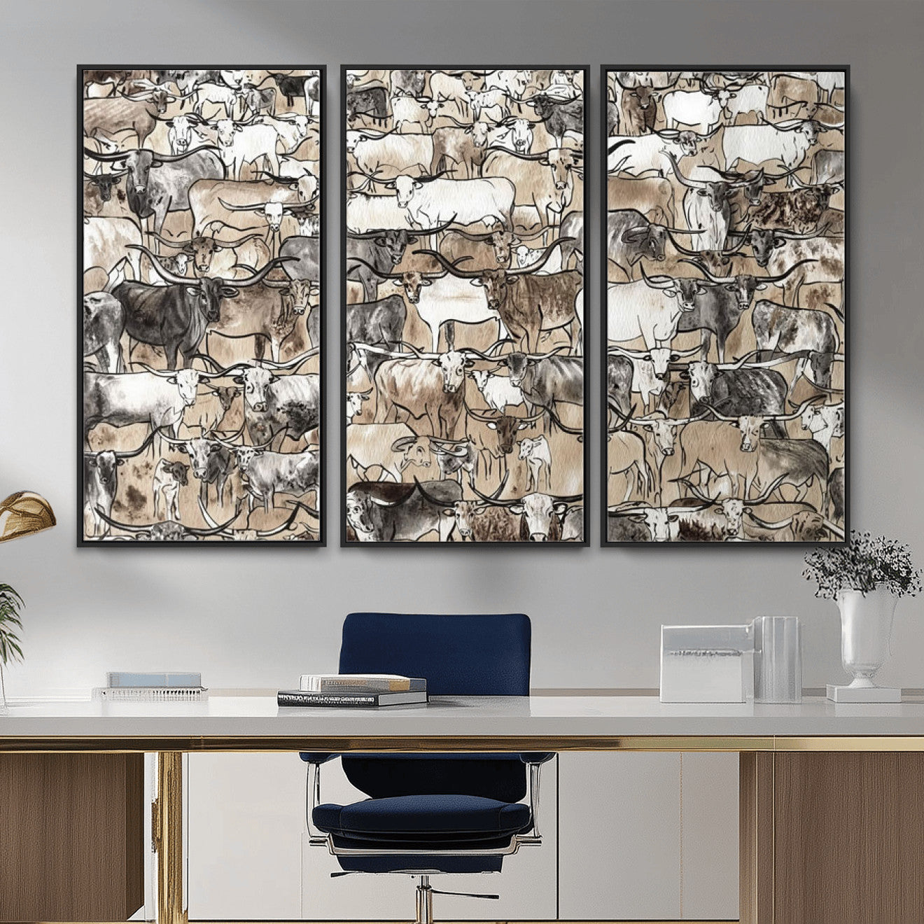 64368752-MGV-CV-36X24 - Farmhouse Animals Wall Art Canvas Print - Abstract Farm Animal Drawing Mid-Century Wall Art for Cabin Decor