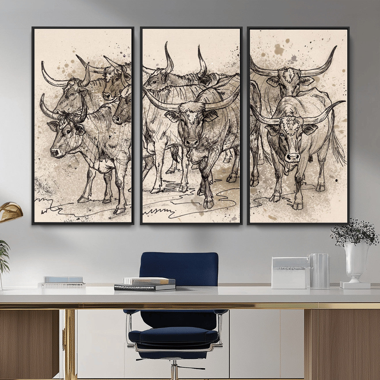 74232558-MGV-CV-36X24 - Farmhouse Animals Wall Art Canvas Print - Abstract Farm Animal Drawing Mid-Century Wall Art for Cabin Decor
