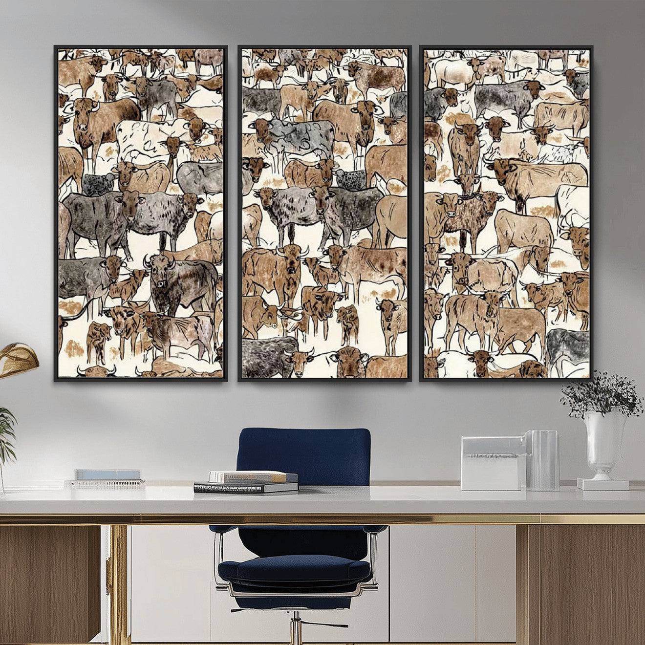 76902119-MGV-CV-36X24 - Farmhouse Animals Wall Art Canvas Print - Abstract Farm Animal Drawing Mid-Century Wall Art for Cabin Decor