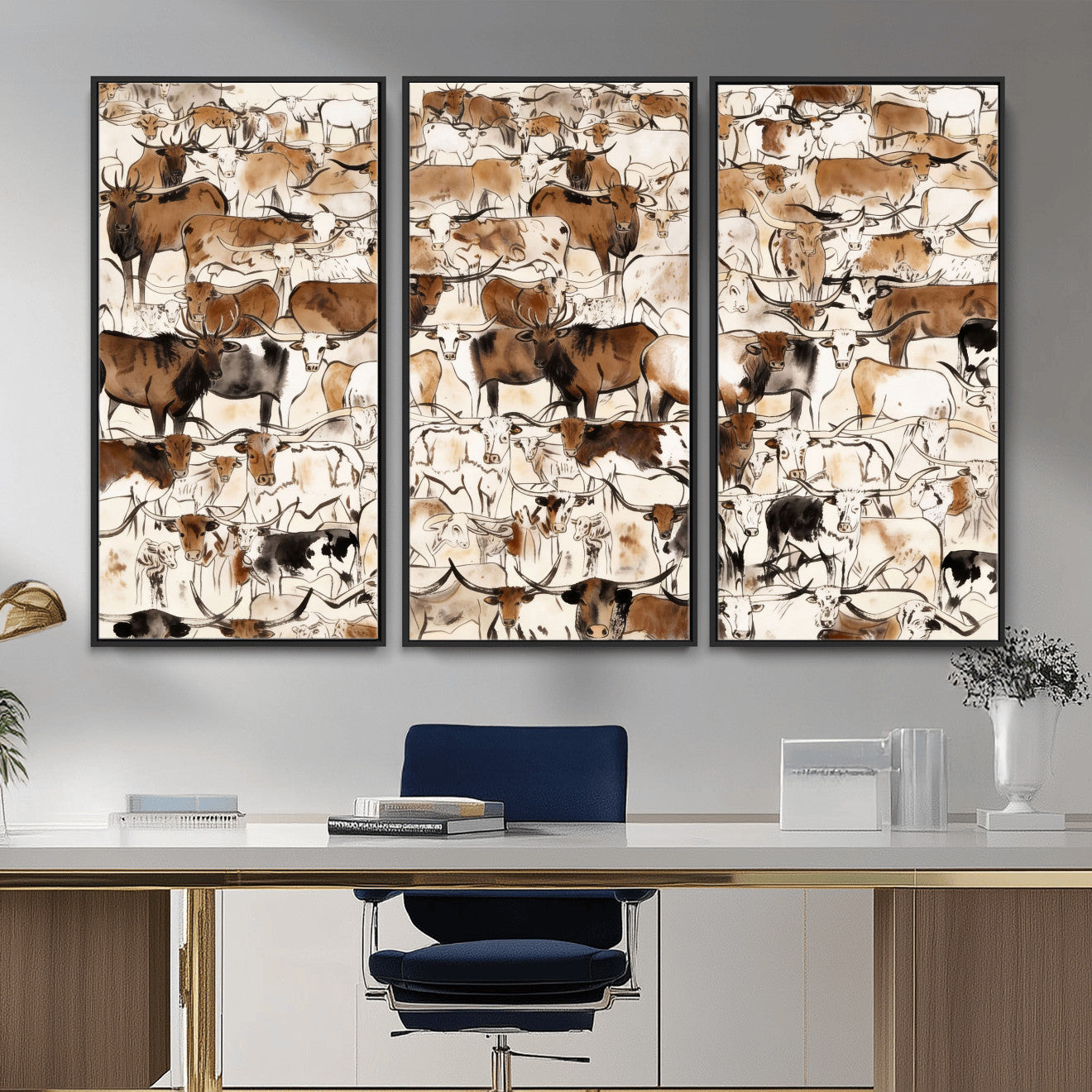 81416572-MGV-CV-36X24 - Farmhouse Animals Wall Art Canvas Print - Abstract Farm Animal Drawing Mid-Century Wall Art for Cabin Decor