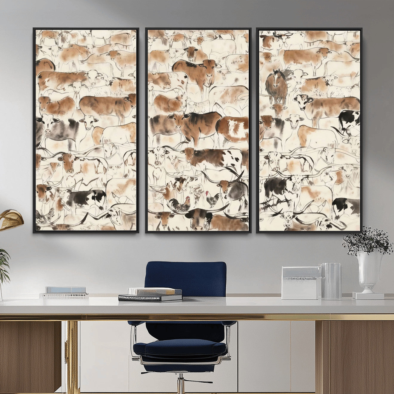 69961368-MGV-CV-36X24 - Farmhouse Animals Wall Art Canvas Print - Abstract Farm Animal Drawing Mid-Century Wall Art for Cabin Decor