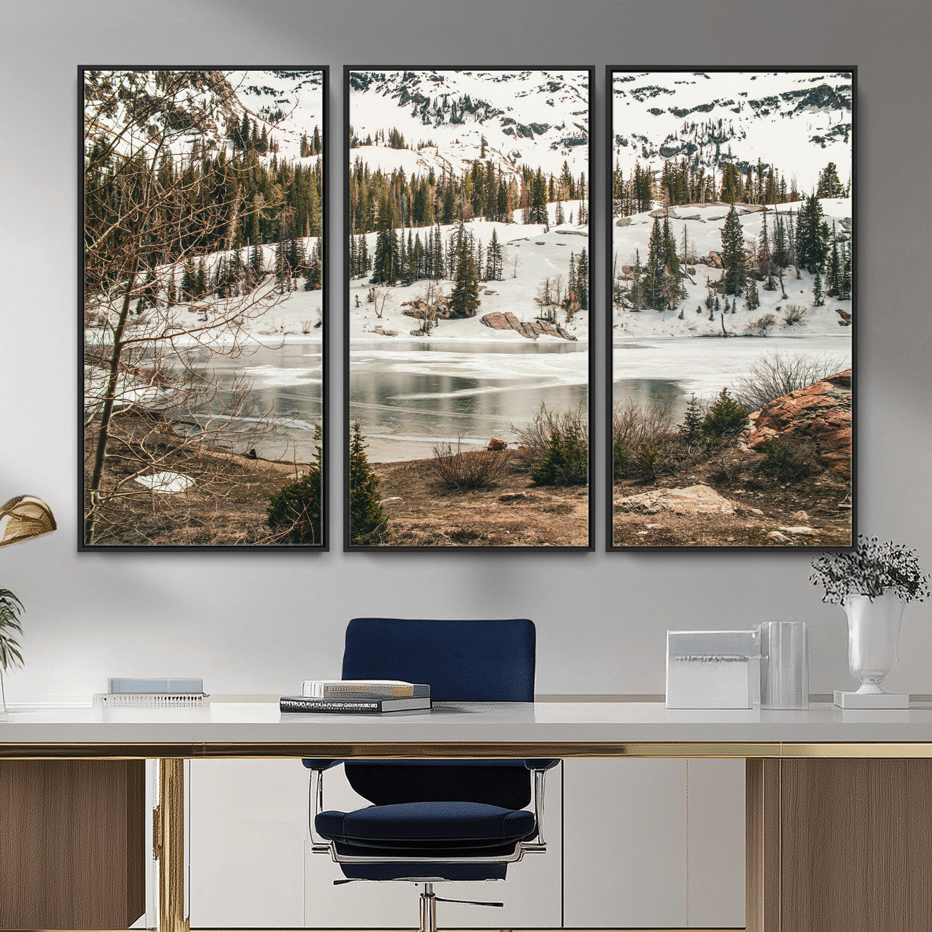 10336249-MGV-CV-36X24 - Snowy Mountain Landscape Wall Art Canvas Print, Alpine Pine Forest Winter Nature Wall Decor for Living Room and Office