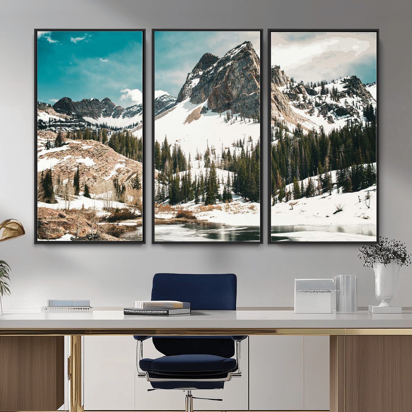 56837070-MGV-CV-36X24 - Snowy Mountain Landscape Wall Art Canvas Print, Alpine Pine Forest Winter Nature Wall Decor for Living Room and Office