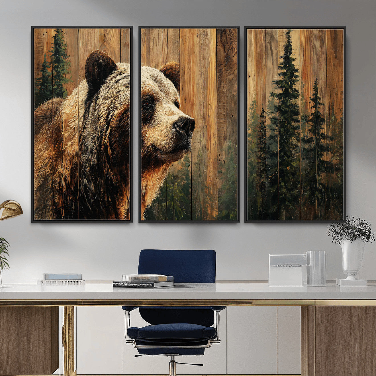 75645180-MGV-CV-36X24 - Grizzly Bear Wall Art Canvas Print, Rustic Wildlife Bear Artwork, Forest Animal Painting, Cabin Lodge Nature Wall Decor