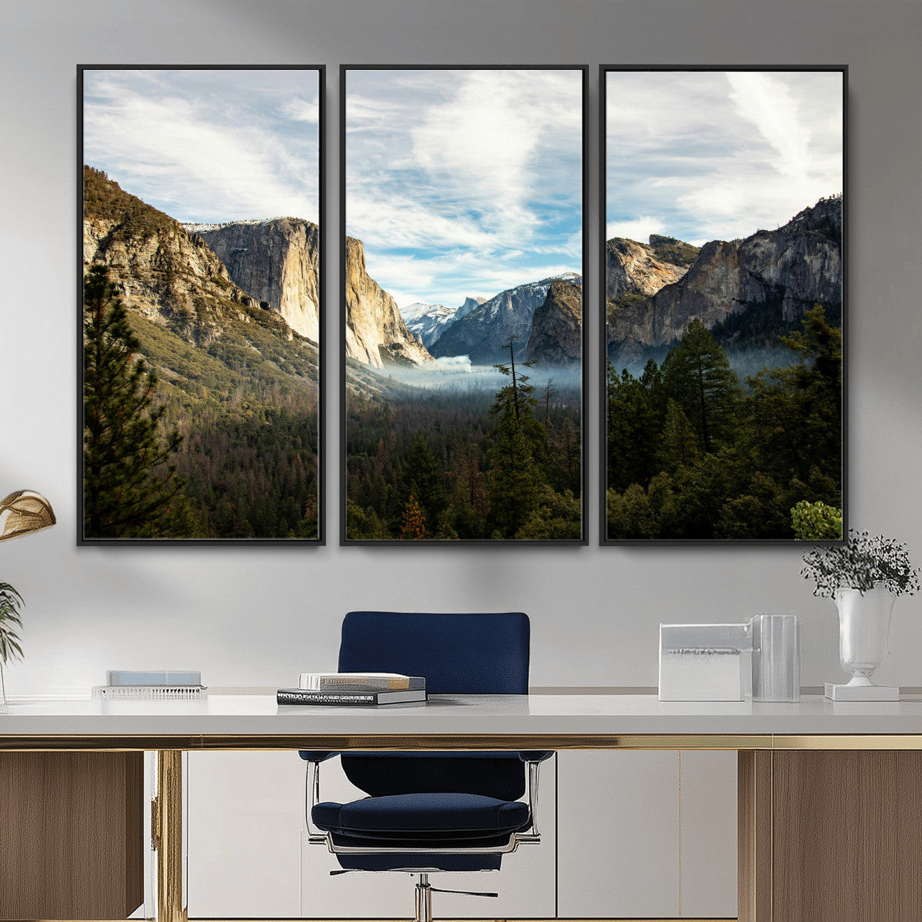 15089394-MGV-CV-36X24 - Yosemite Valley Mountain Landscape Wall Art Canvas Print, Granite Cliff Forest Valley Canvas Print, California National Park Scenic Art Printing