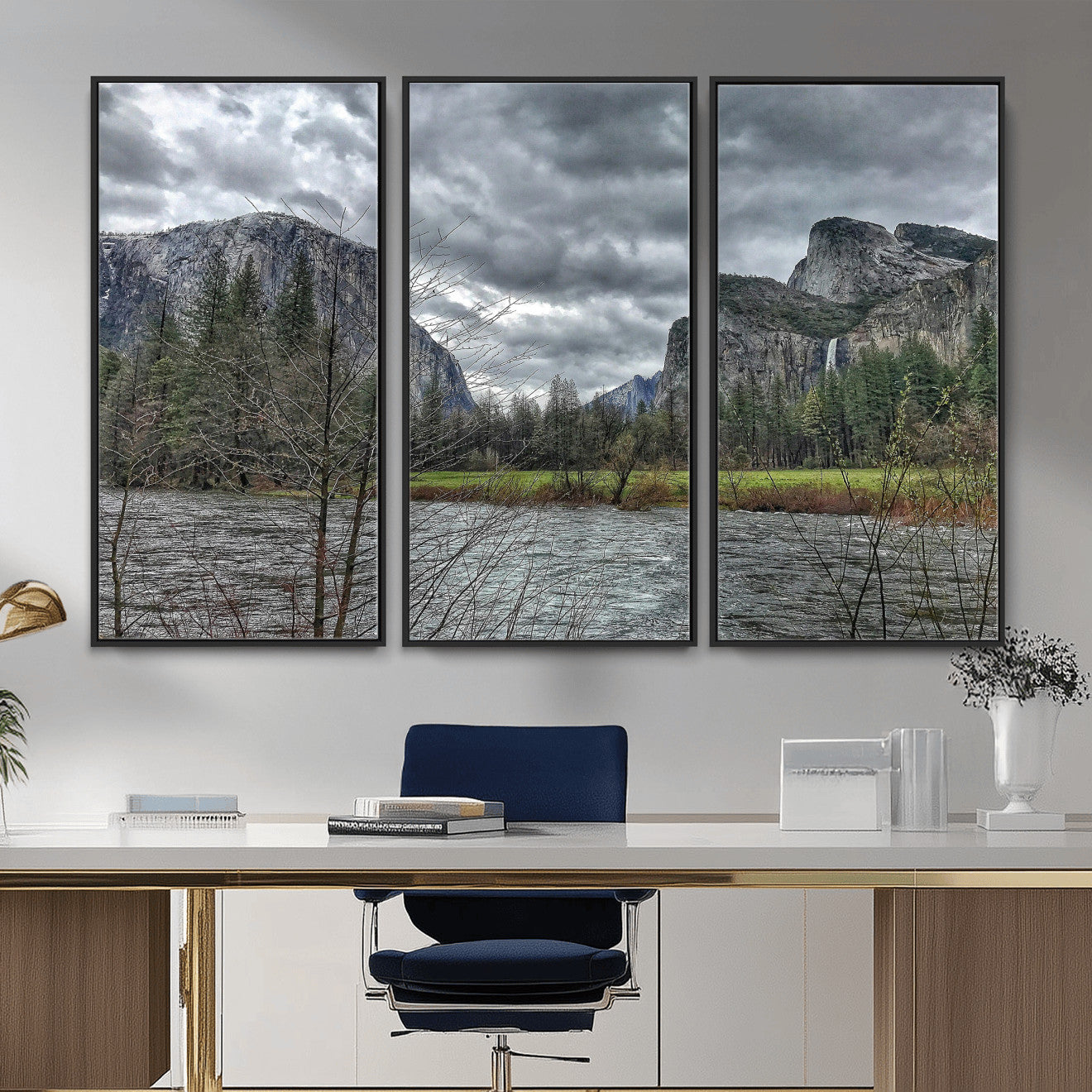 75582552-MGV-CV-36X24 - Yosemite Valley River Landscape Wall Art Canvas Print, Granite Cliffs Forest River Canvas Print, California National Park Moody Scenic Art Printi