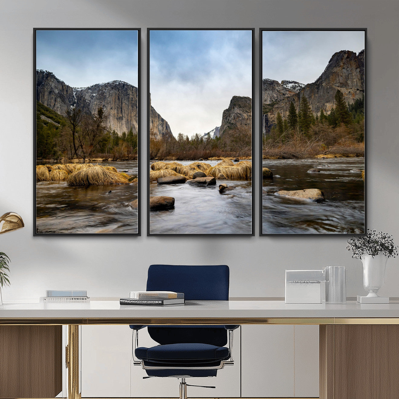 20458404-MGV-CV-36X24 - Yosemite Valley Mountain Landscape Wall Art Canvas Print, Granite Cliff Forest Valley Canvas Print, California National Park Scenic Art Printing