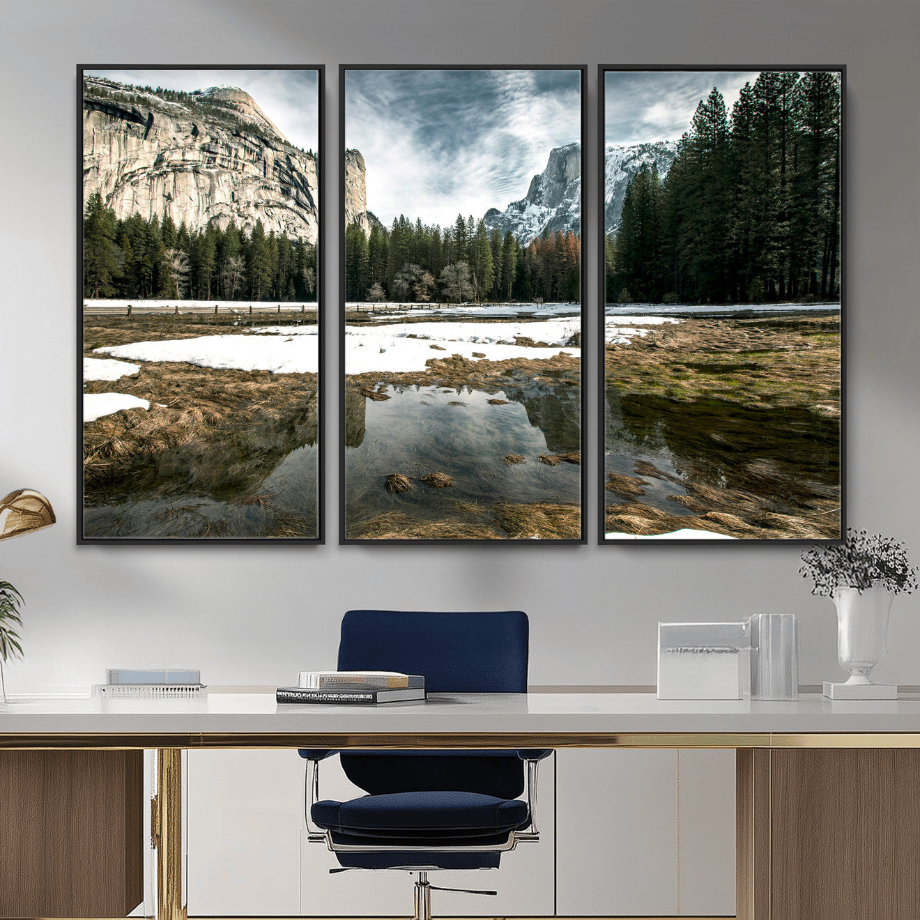 14527348-MGV-CV-36X24 - Yosemite Valley Mountain Landscape Wall Art Canvas Print, Granite Cliff Forest Valley Canvas Print, California National Park Scenic Art Printing
