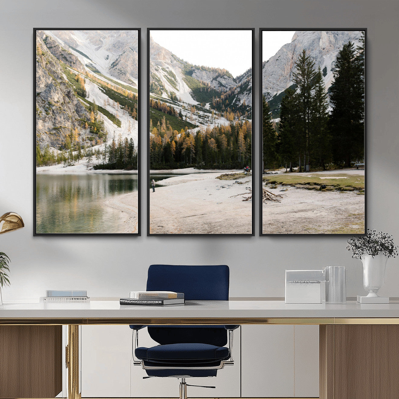 89246758-MGV-CV-36X24 - Lake Braies Alpine Landscape Wall Art Canvas Print, Dolomites Mountain Lake Forest Canvas Print, Italian Alps Scenic Nature Art Printing