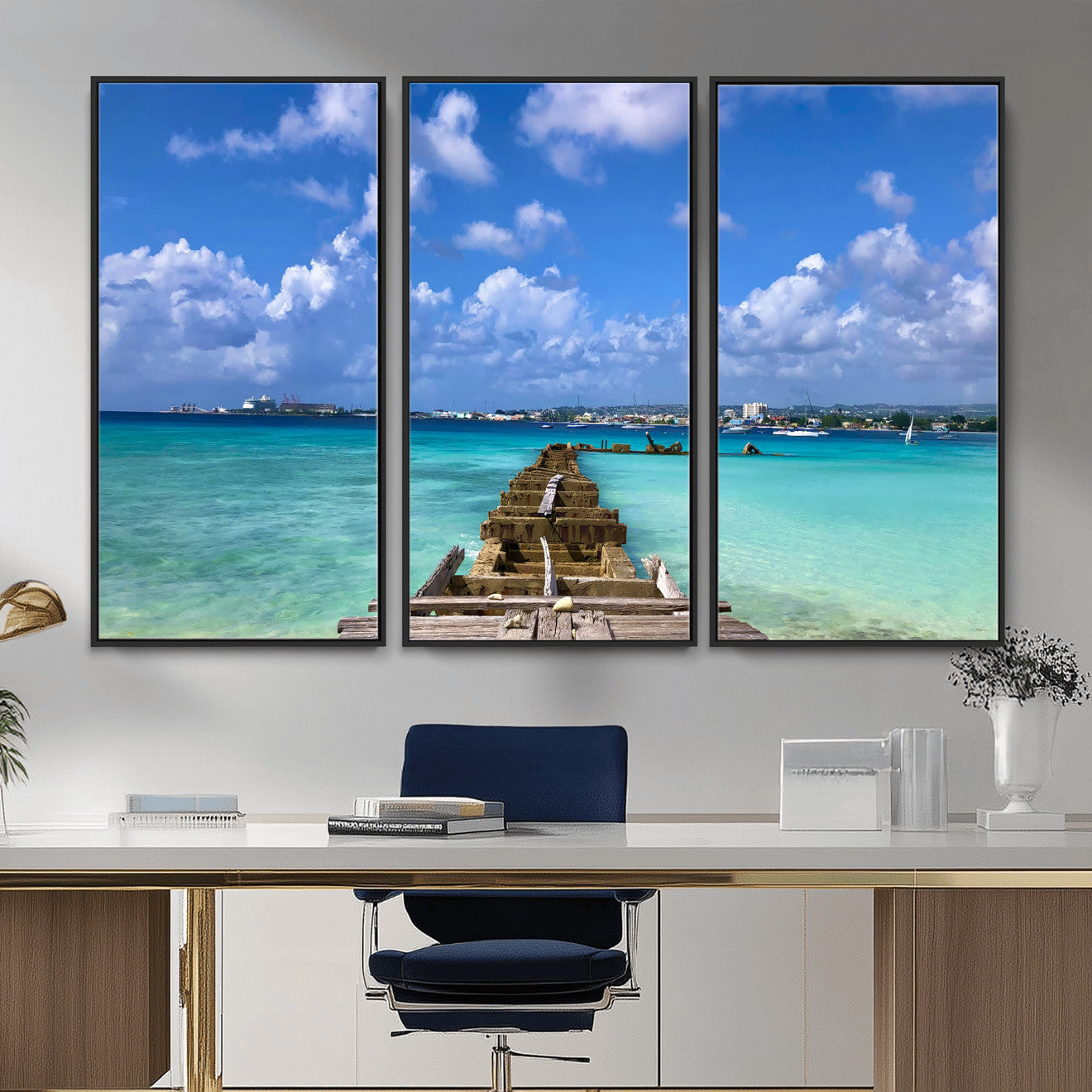 43165024-MGV-CV-36X24 - Caribbean Ocean Pier Seascape Wall Art Canvas Print, Turquoise Sea Tropical Harbor Canvas Print, Island Coastal Blue Water Scenic Art Printing