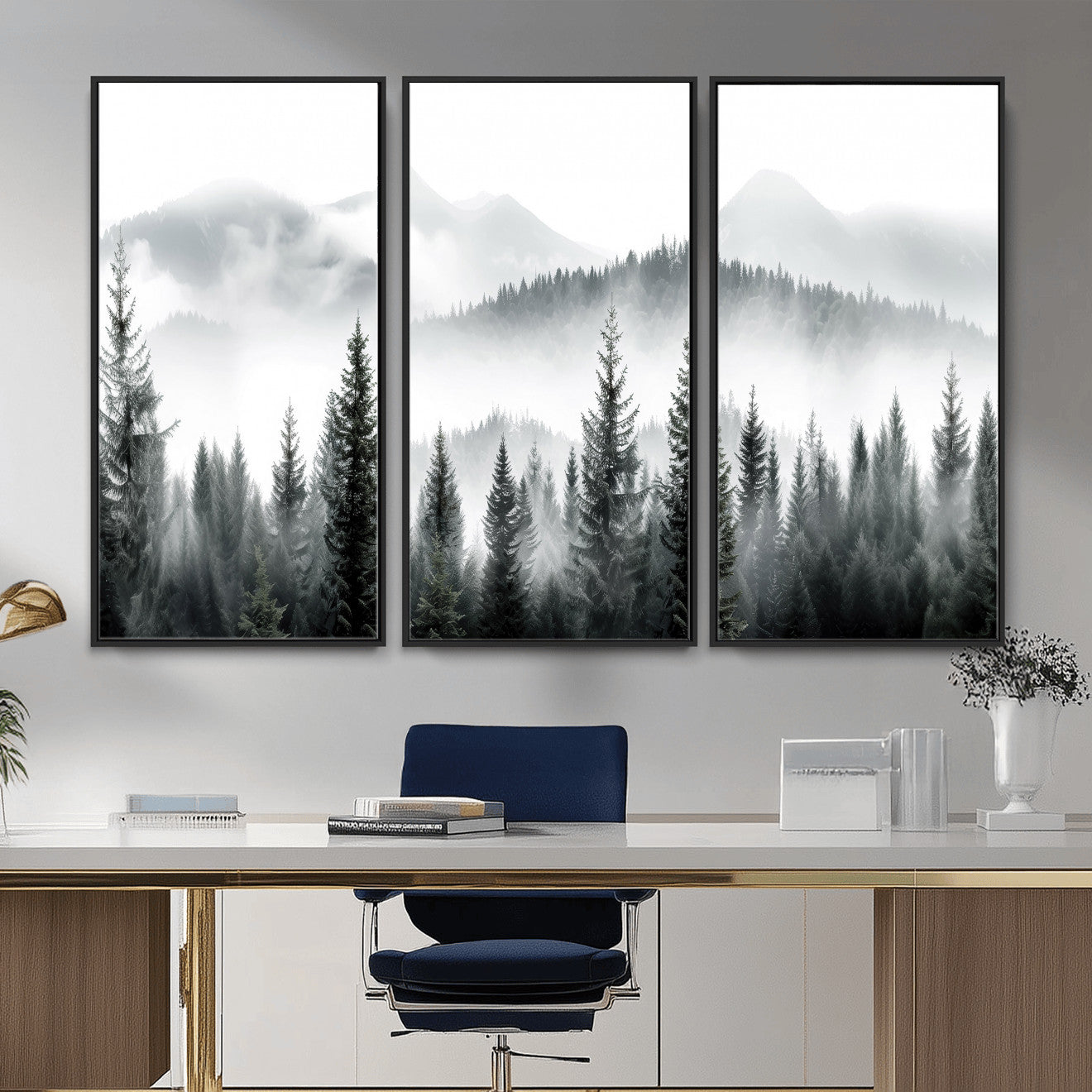 38819032-MGV-CV-36X24 - Misty Pine Forest Mountain Landscape Wall Art Canvas Print, Foggy Evergreen Trees Minimal Nature Canvas Print, Monochrome Wilderness Scenic Art Printing