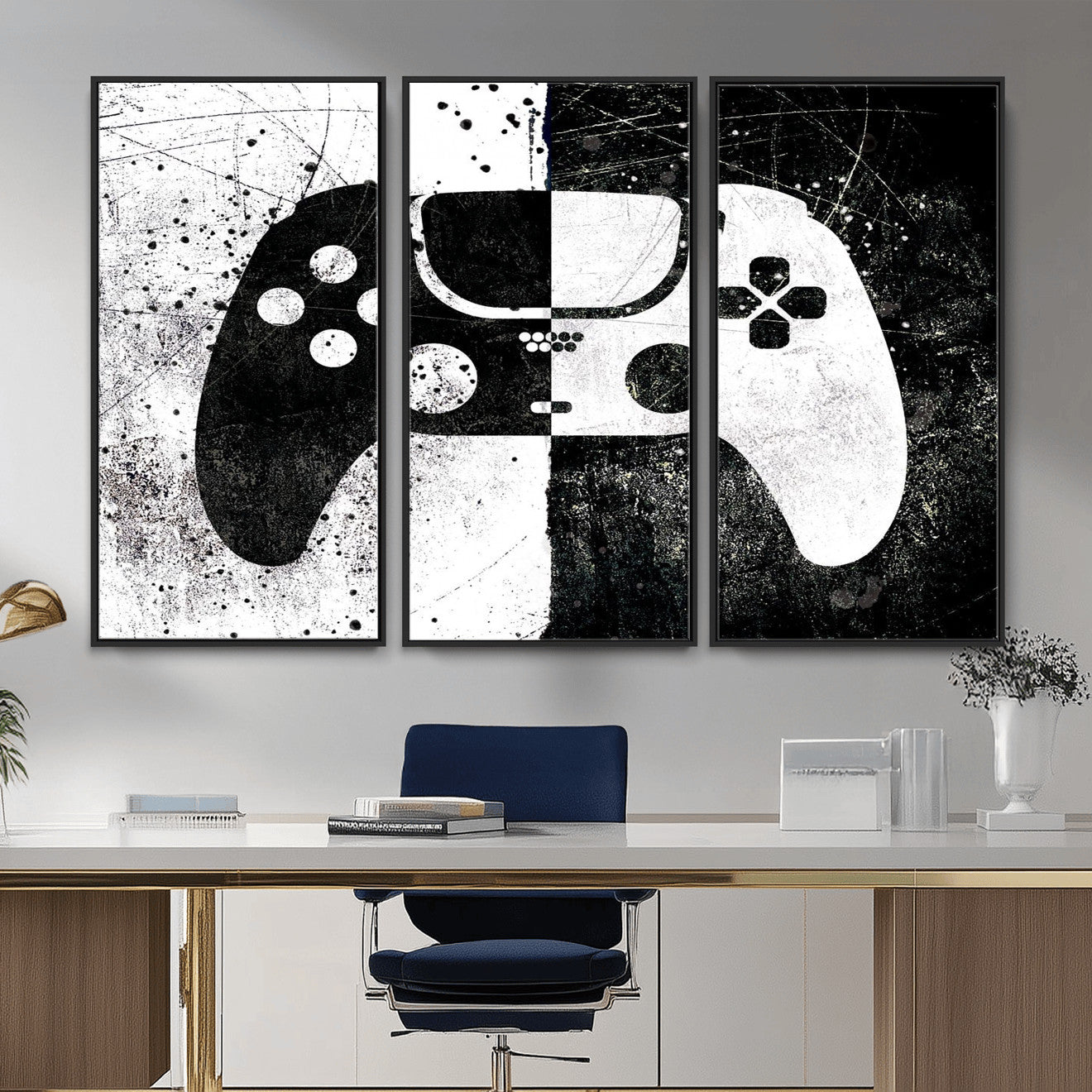 17525128-MGV-CV-36X24 - Abstract Gaming Controller Wall Art Canvas Print, Black White Video Game Controller Modern Canvas Print, Minimal Gamer Graphic Art Printing