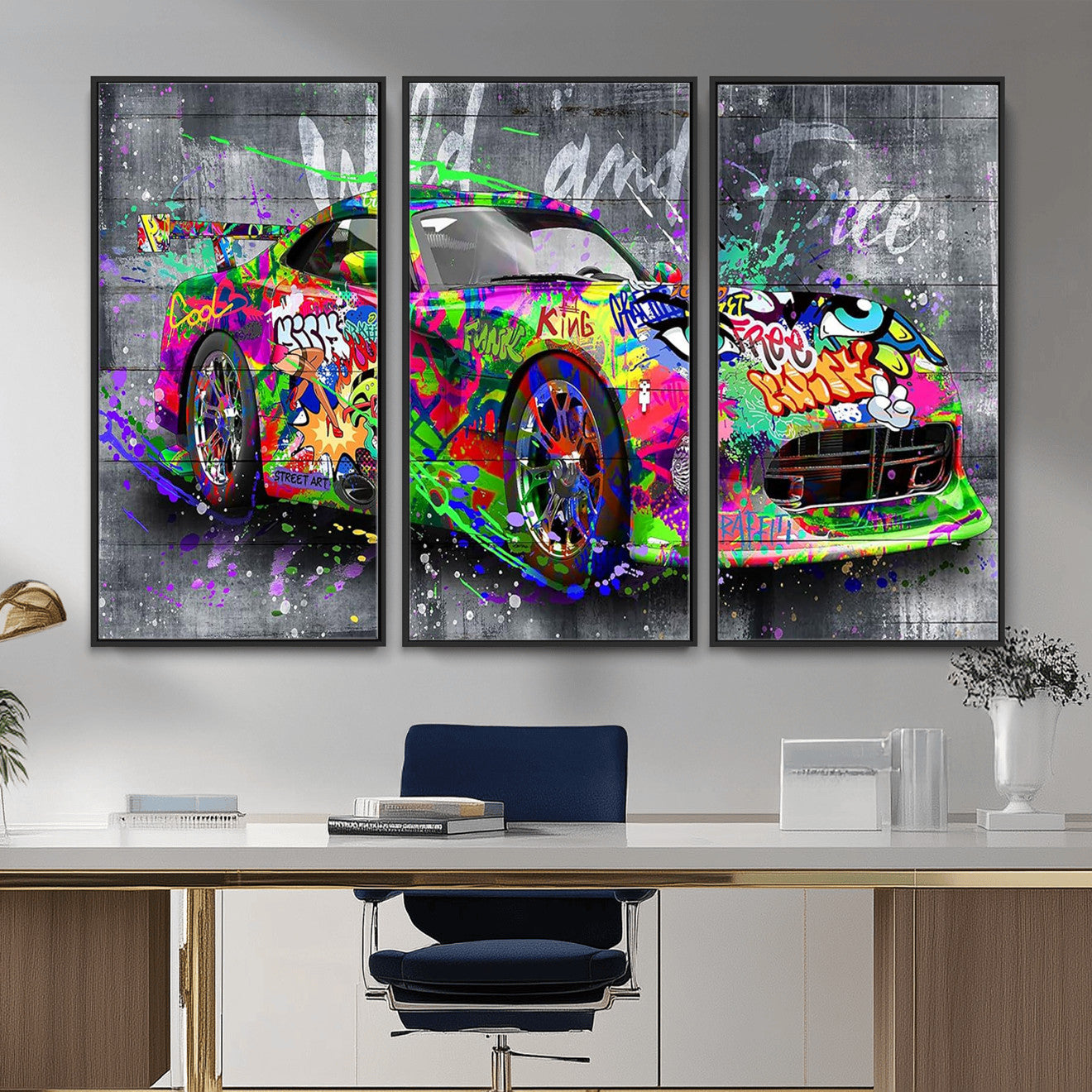 95314968-MGV-CV-36X24 - Graffiti Sports Car Street Art Wall Art Canvas Print, Colorful Urban Supercar Pop Art Canvas Print, Modern Graffiti Car Contemporary Art Printing
