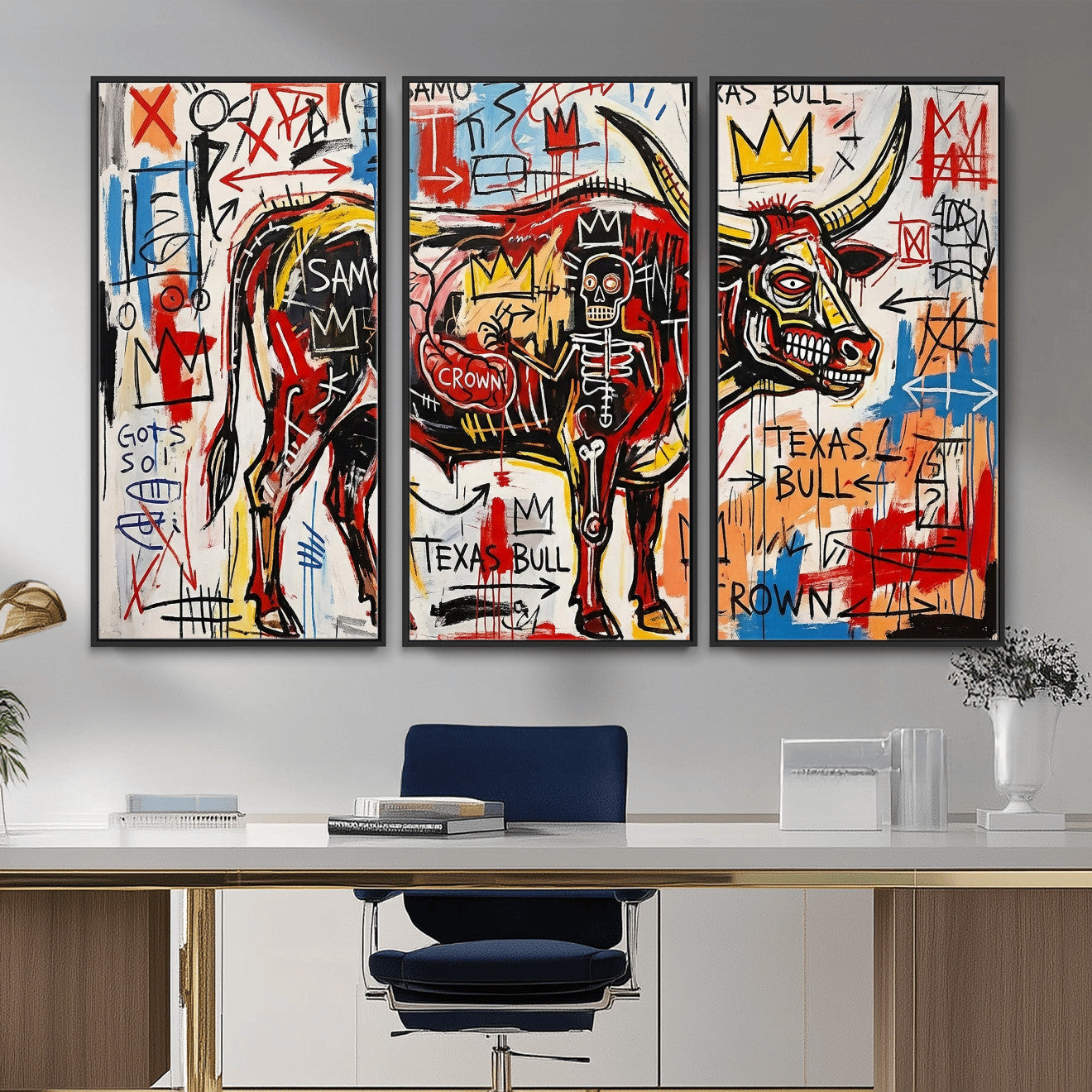 89504579-MGV-CV-36X24 - TITLE: Texas Bull Wall Art Canvas Print, Abstract Graffiti Bull Painting, Western Animal Art, Modern Ranch Decor