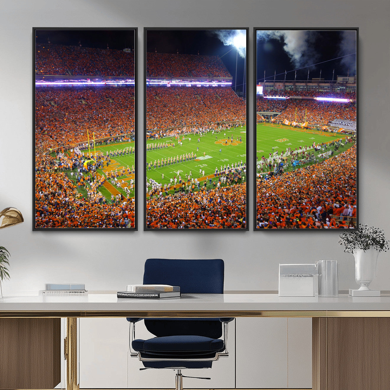 43662631-MGV-CV-36X24 - Clemson Football Stadium Wall Art Canvas Print, College Football Crowd Night Game Scene, Orange Stadium Panorama Wall Decor