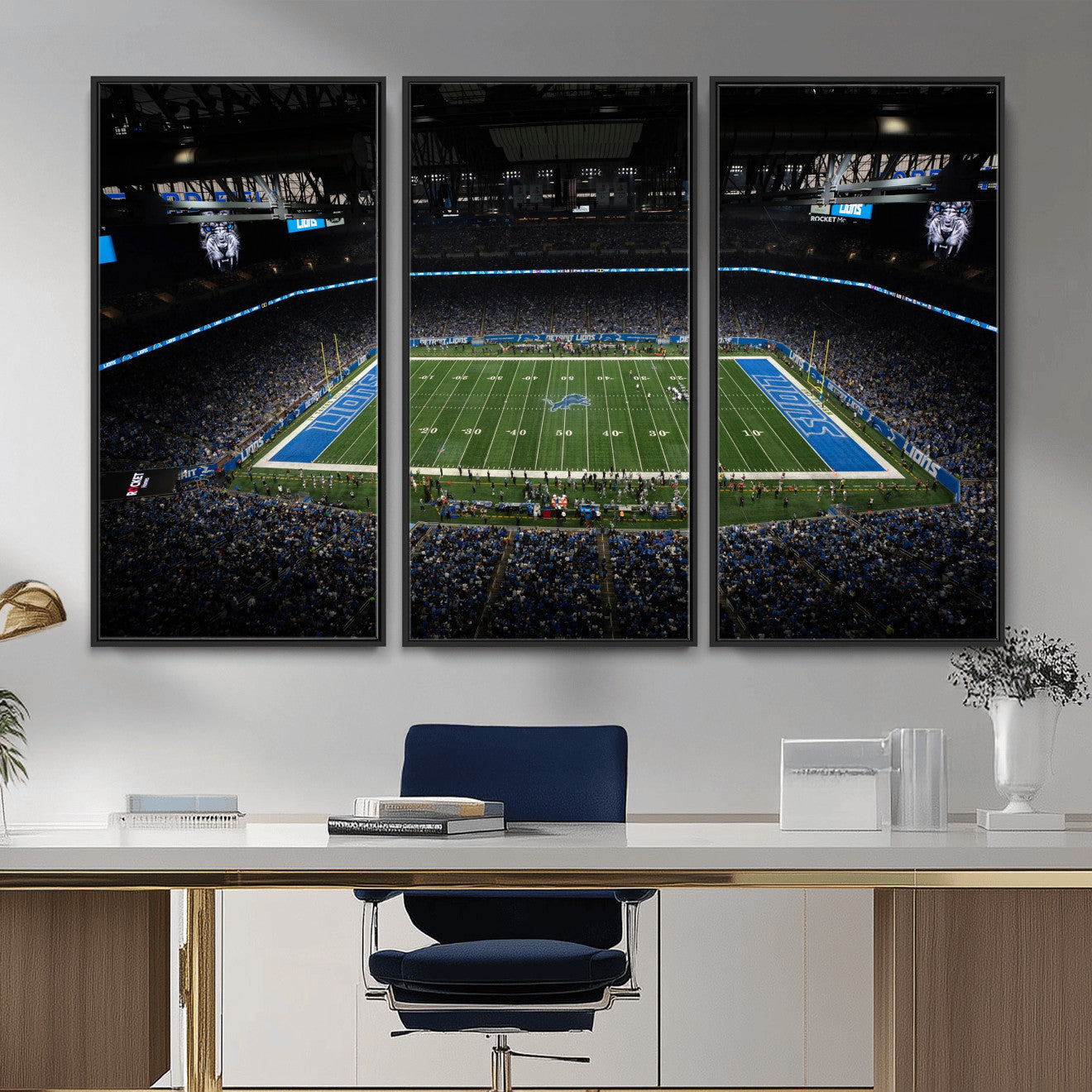 16709602-MGV-CV-36X24 - Detroit Lions Stadium Wall Art Canvas Print, Football Field Panorama Artwork, NFL Game Night Stadium Decor
