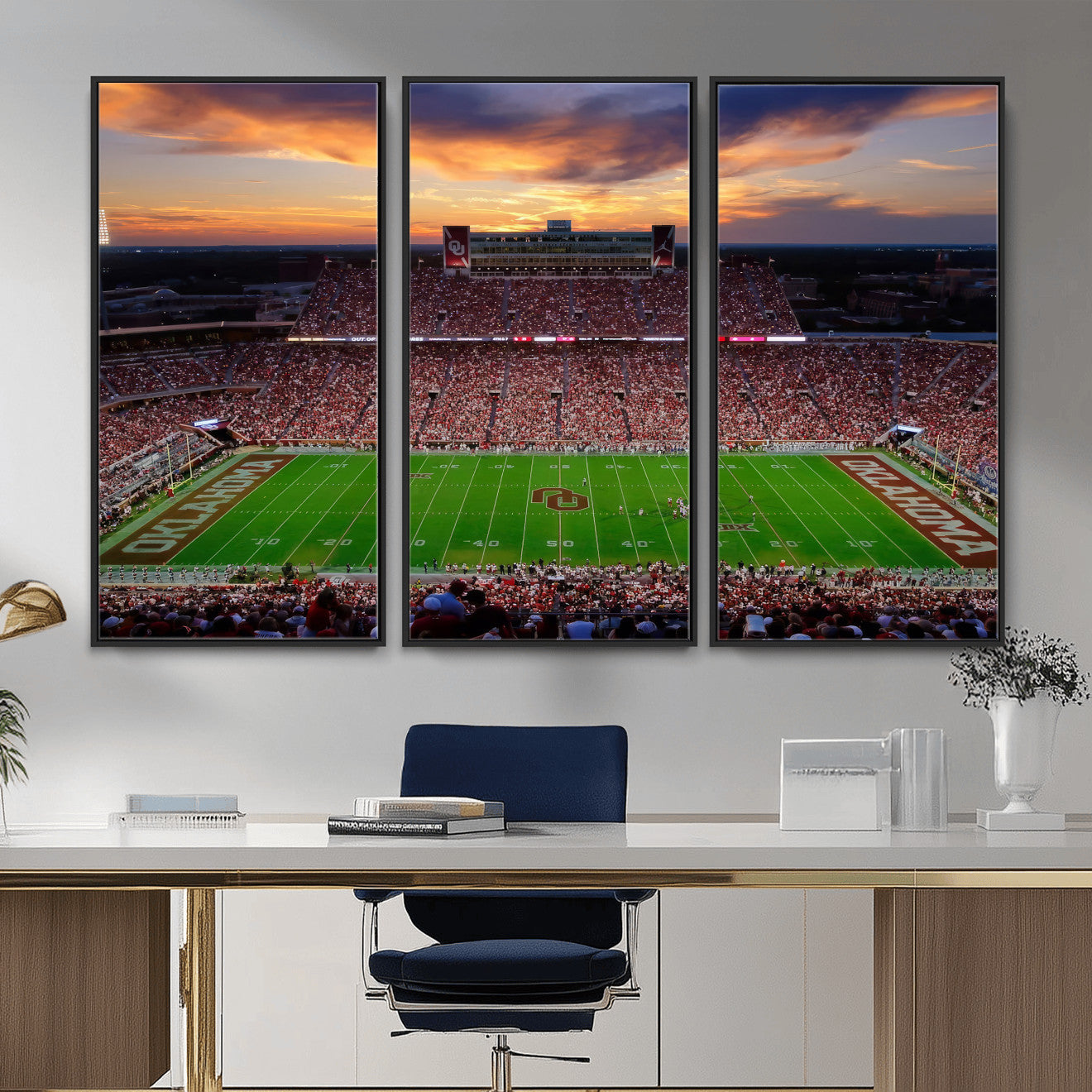 51457497-MGV-CV-36X24 - Oklahoma Sooners Stadium Wall Art Canvas Print, College Football Sunset Game Scene, OU Football Field Panorama Wall Decor