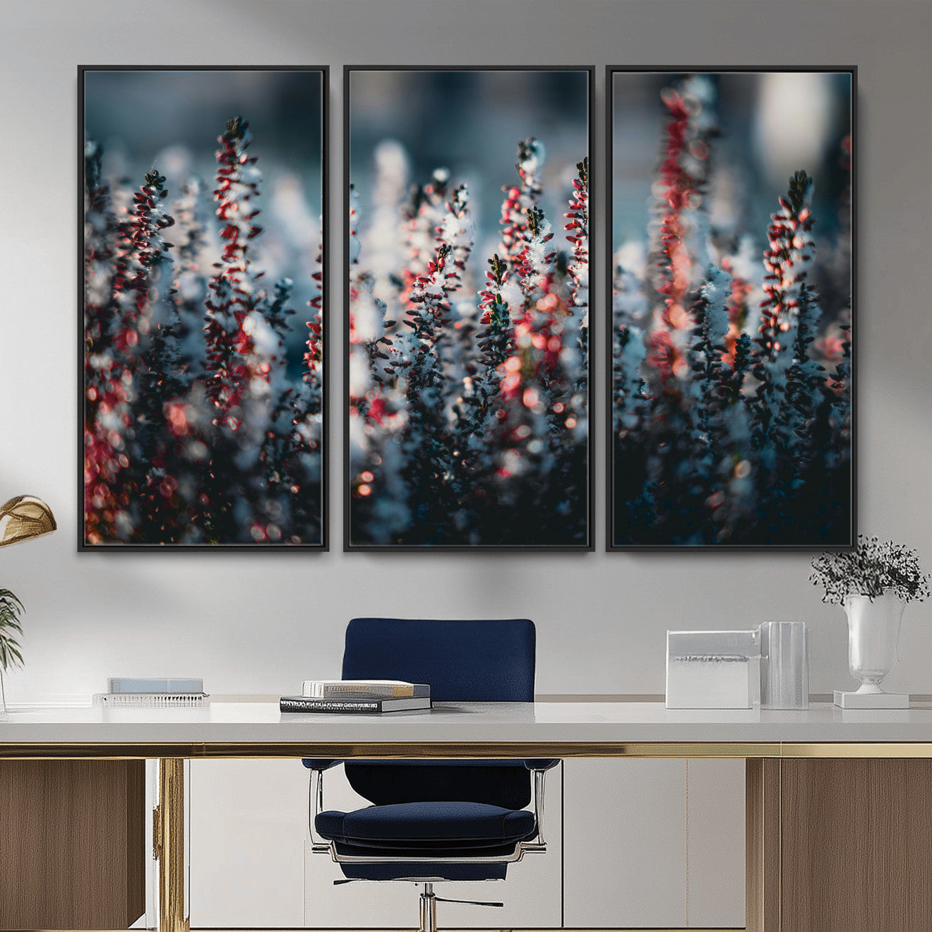 82063935-MGV-CV-36X24 - Winter Heather Wall Art Canvas Print, Frosted Floral Nature Art, Moody Botanical Wall Decor