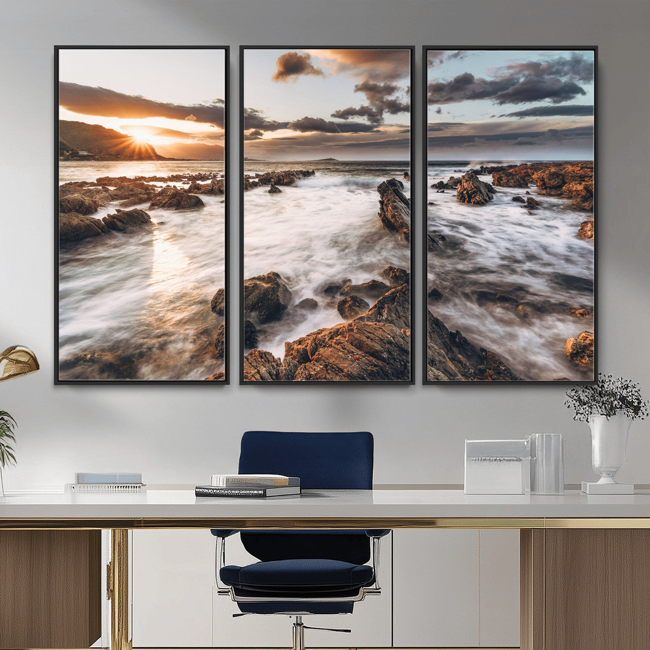 66746024-MGV-CV-36X24 - Rocky Coast Ocean Sunset Wall Art Canvas Print, Dramatic Seascape Nature Wall Decor for Living Room and Office