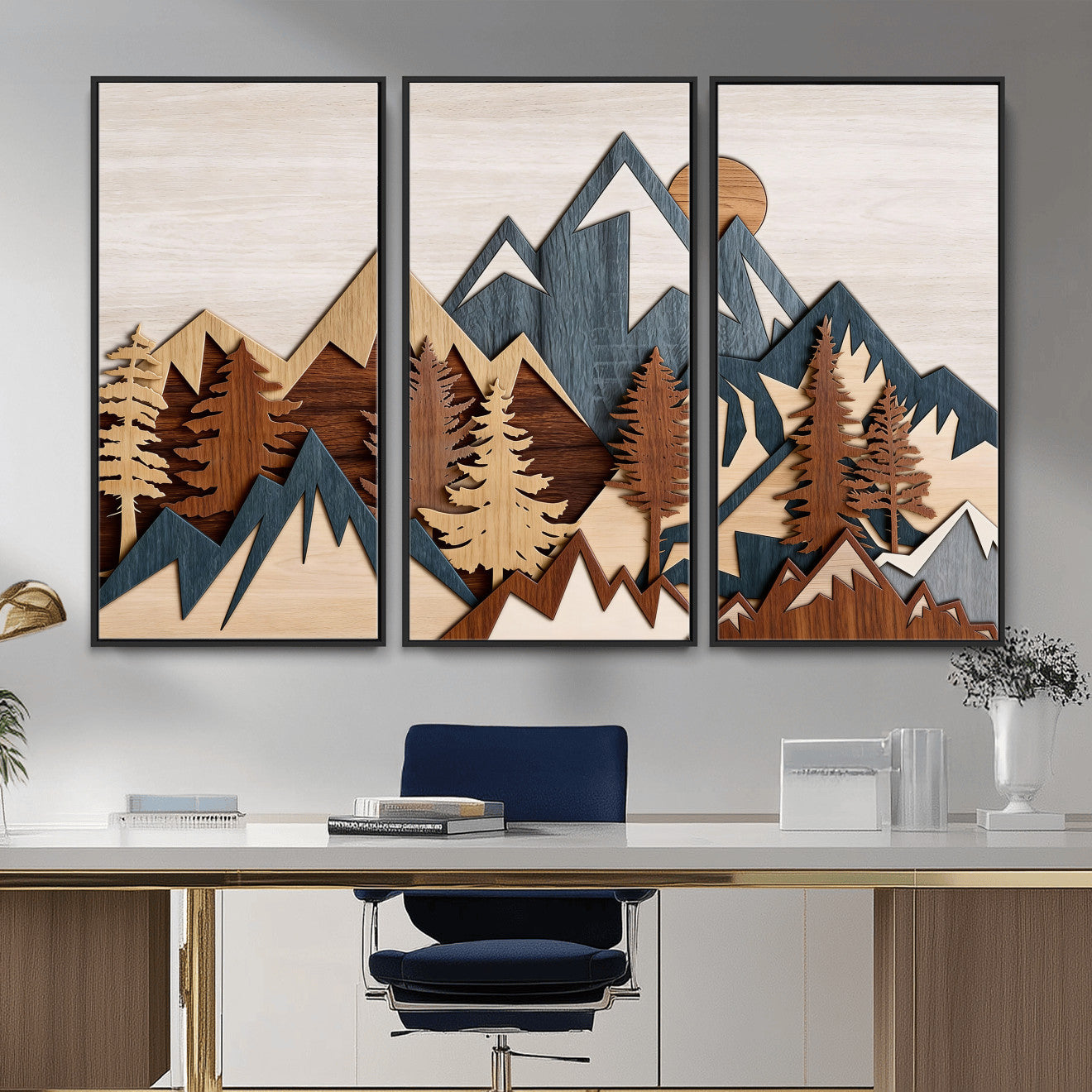 39888898-MGV-CV-36X24 - Layered Wooden Mountain Wall Art Canvas Print, Modern Rustic Forest and Pine Landscape Wall Decor