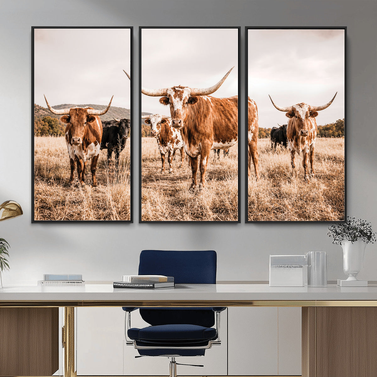 27539727-MGV-CV-36X24 - Texas Longhorn Cattle Wall Art Canvas Print, Sepia Western Decor
