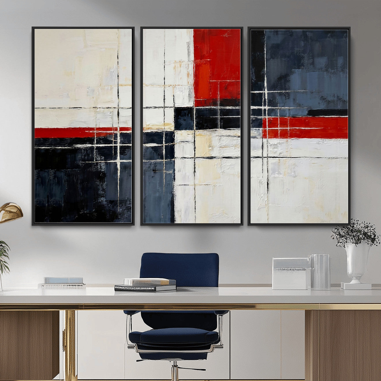 44088165-MGV-CV-36X24 - Navy Red Abstract Wall Art Canvas Print, Modern Luxury Geometric Painting Wall Decor for Living Room and Office