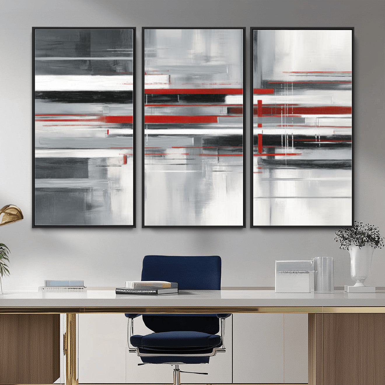 62640681-MGV-CV-36X24 - Gray Red Abstract Wall Art Canvas Print, Modern Abstract Canvas Wall Decor for Contemporary Living Room and Office