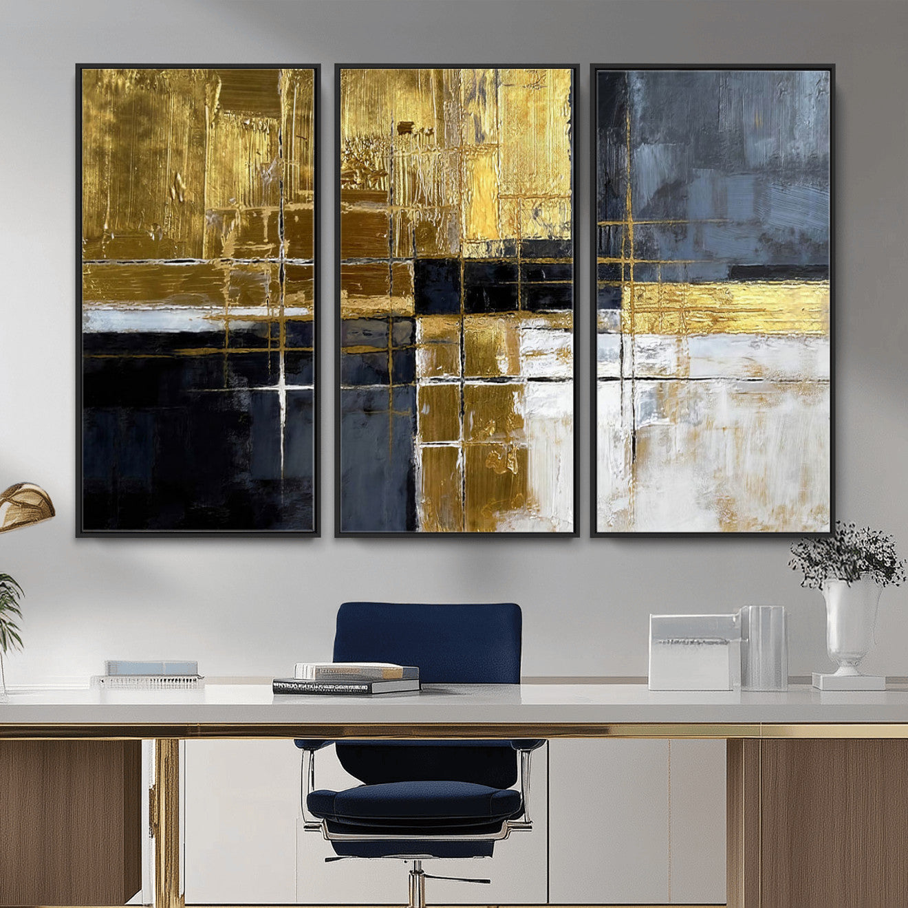 76917030-MGV-CV-36X24 - Gold Navy Abstract Wall Art Canvas Print, Modern Luxury Geometric Painting Wall Decor for Living Room and Office