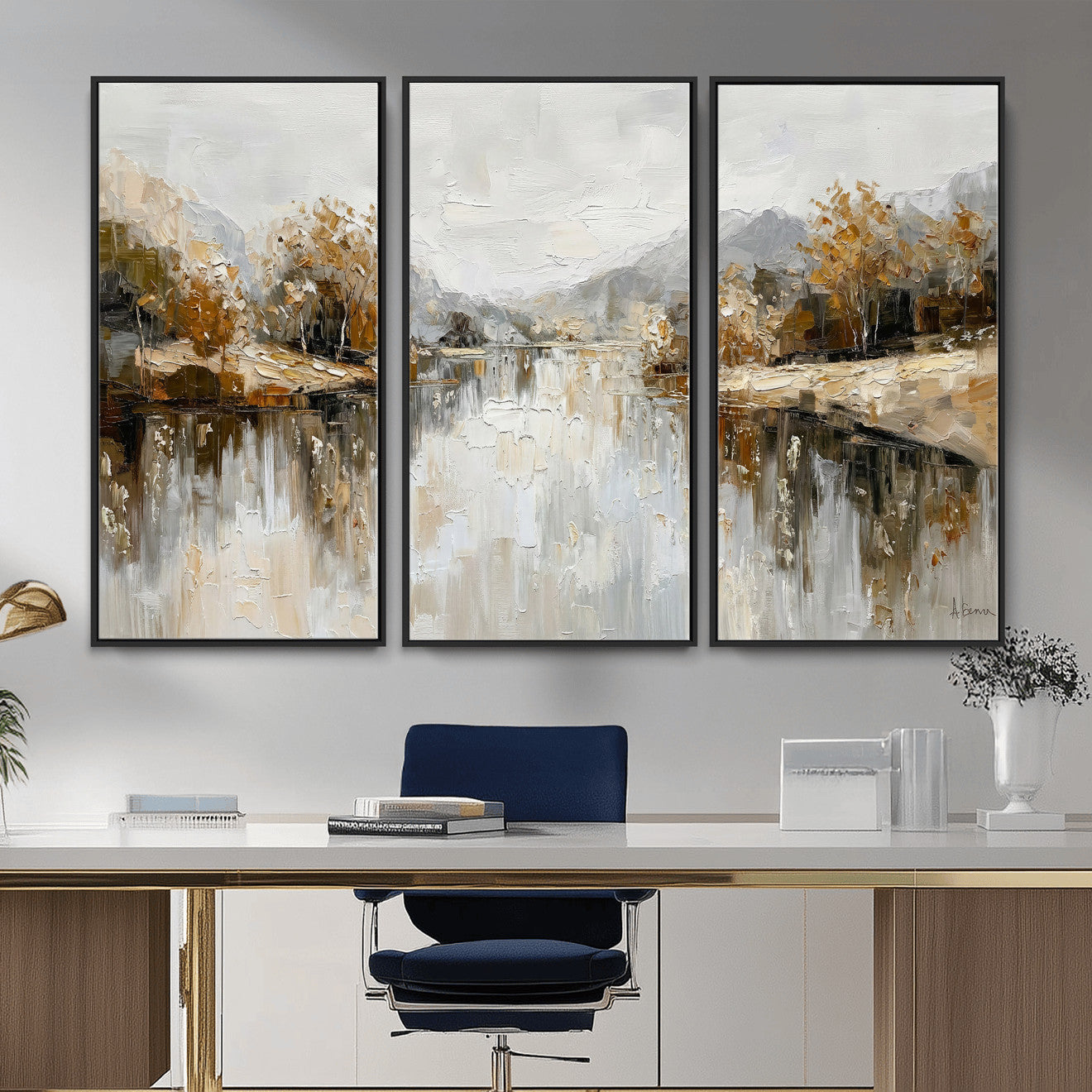 78227690-MGV-CV-36X24 - Neutral Abstract Lake Landscape Wall Art Canvas Print, Modern Minimal River Reflection Canvas Print, Beige Gray Contemporary Nature Art Printing