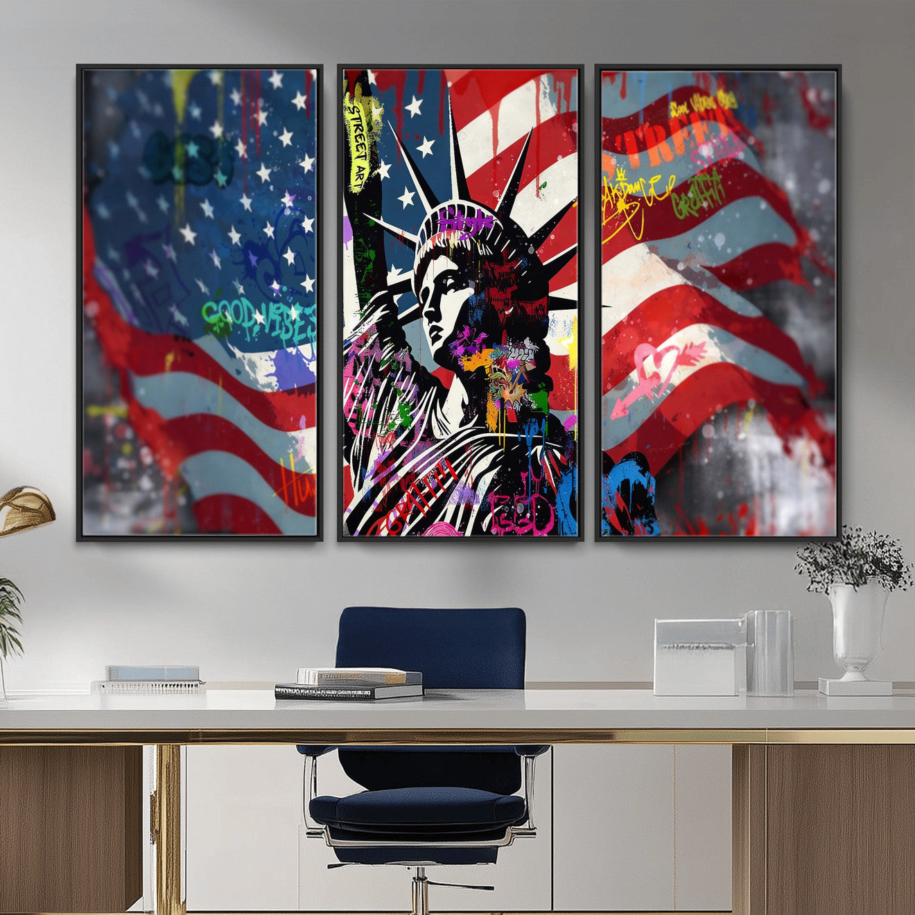 32151941-MGV-CV-36X24 - USA Statue of Liberty Graffiti Street Art Wall Art Canvas Print, American Flag Urban Pop Art Canvas Print, Modern Patriotic Street Art Contemporary Art Printing