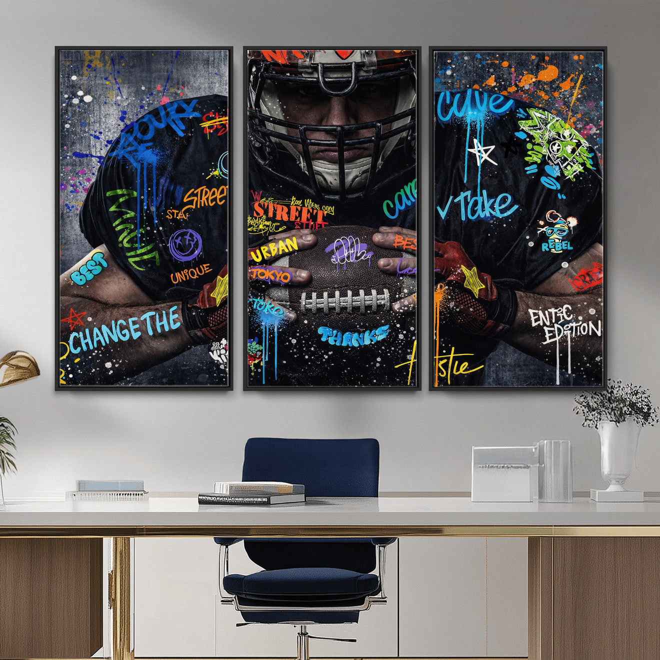 55267256-MGV-CV-36X24 - Graffiti American Football Player Street Art Wall Art Canvas Print, Urban Sports Pop Art Football Canvas Print, Modern Athletic Graffiti Contemporary Art Printing