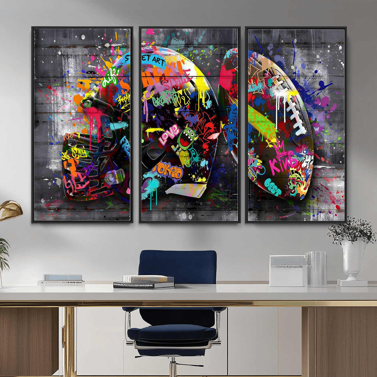 80540773-MGV-CV-36X24 - Graffiti American Football Helmet Street Art Wall Art Canvas Print, Urban Sports Pop Art Football Canvas Print, Colorful Graffiti Sports Contemporary Art Printing