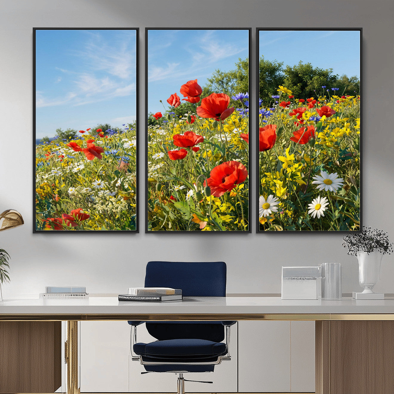 38570784-MGV-CV-36X24 - Wildflower Meadow Wall Art Canvas Print – Colorful Poppy and Daisy Field Landscape Artwork for Living Room Decor
