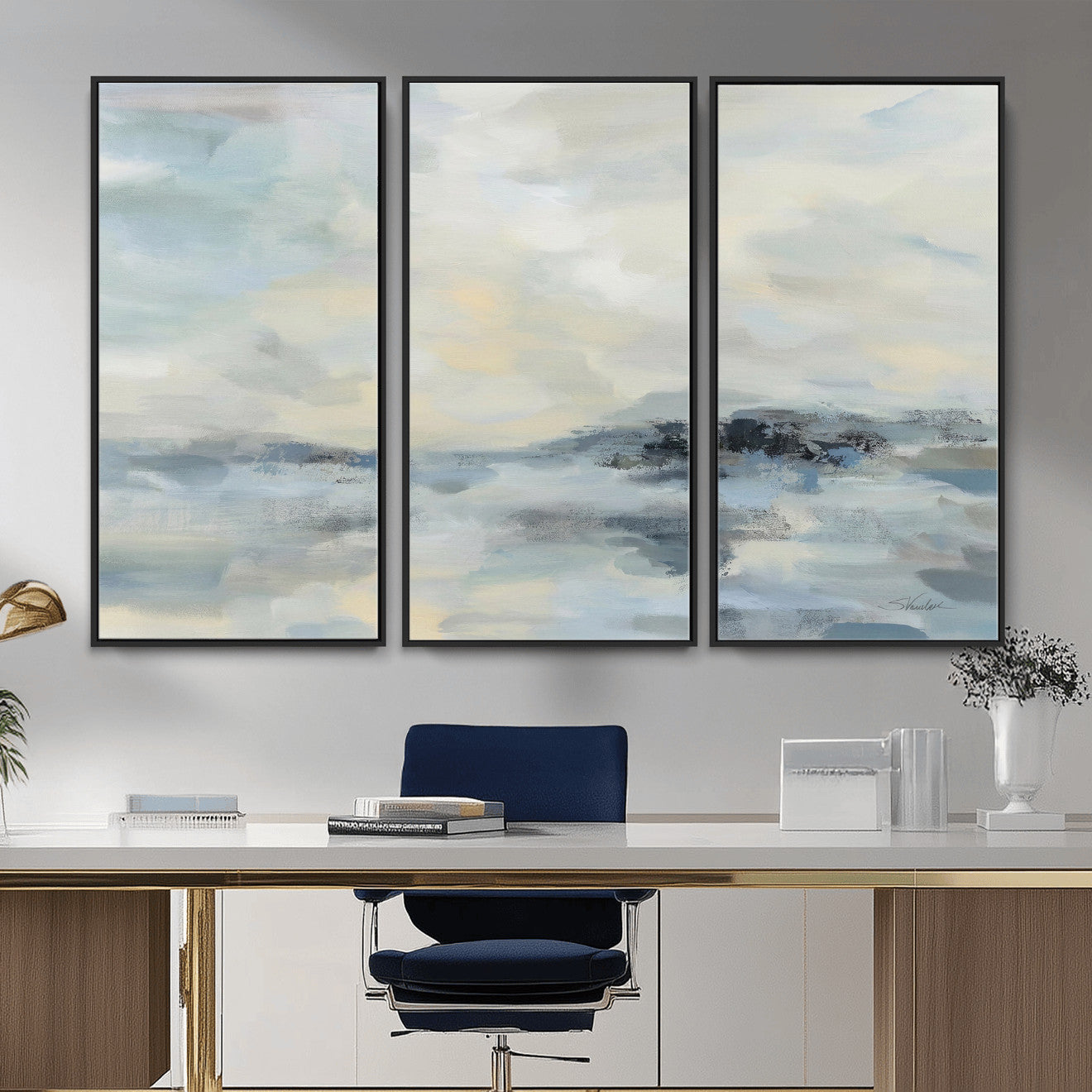 24647355-MGV-CV-36X24 - Abstract Coastal Landscape Wall Art Canvas Print – Soft Blue Gray Minimalist Painting