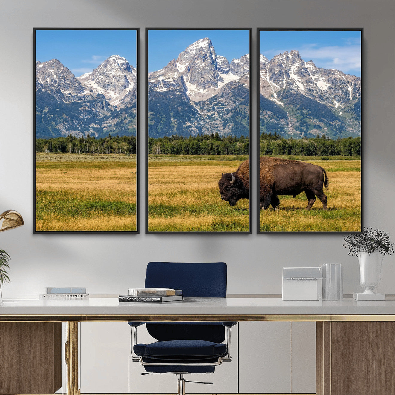 20424529-MGV-CV-36X24 - Bison in Mountain Landscape Wall Art Canvas Print – Western Wildlife Artwork for Rustic Living Room Decor