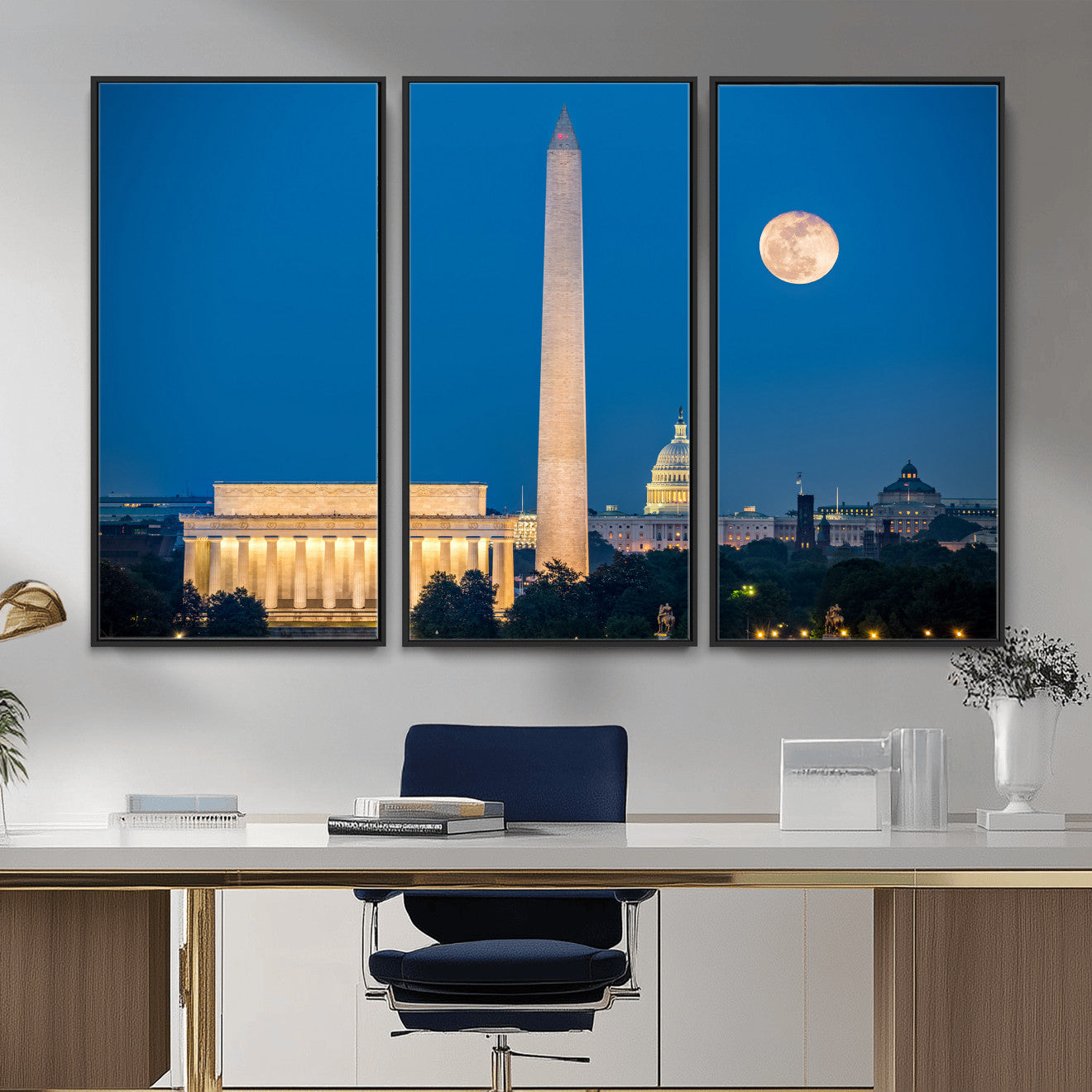 96712946-MGV-CV-36X24 - Washington DC Skyline Wall Art Canvas Print – Lincoln Memorial, Washington Monument and US Capitol Night Cityscape Artwork