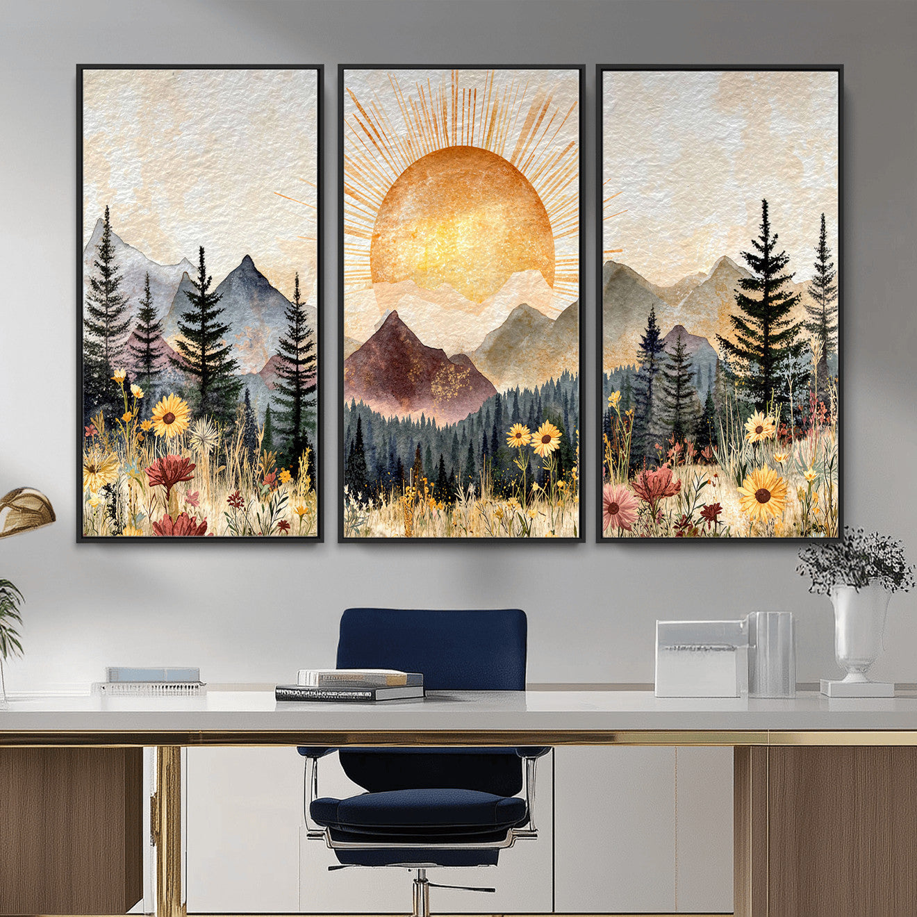 69025244-MGV-CV-36X24 - Boho Mountain Landscape Large Wall Art, Horizontal Gold Framed Canvas Print with Sun and Flowers
