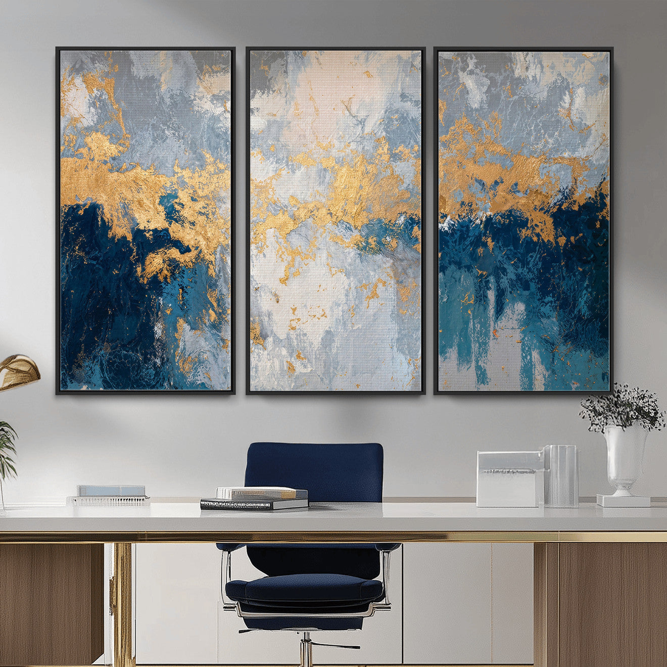 65386119-MGV-CV-36X24 - Blue Gold Abstract Large Framed Canvas Wall Art, Modern Luxury Painting Print in Horizontal Oversized Minimal Wall Decor Artwork