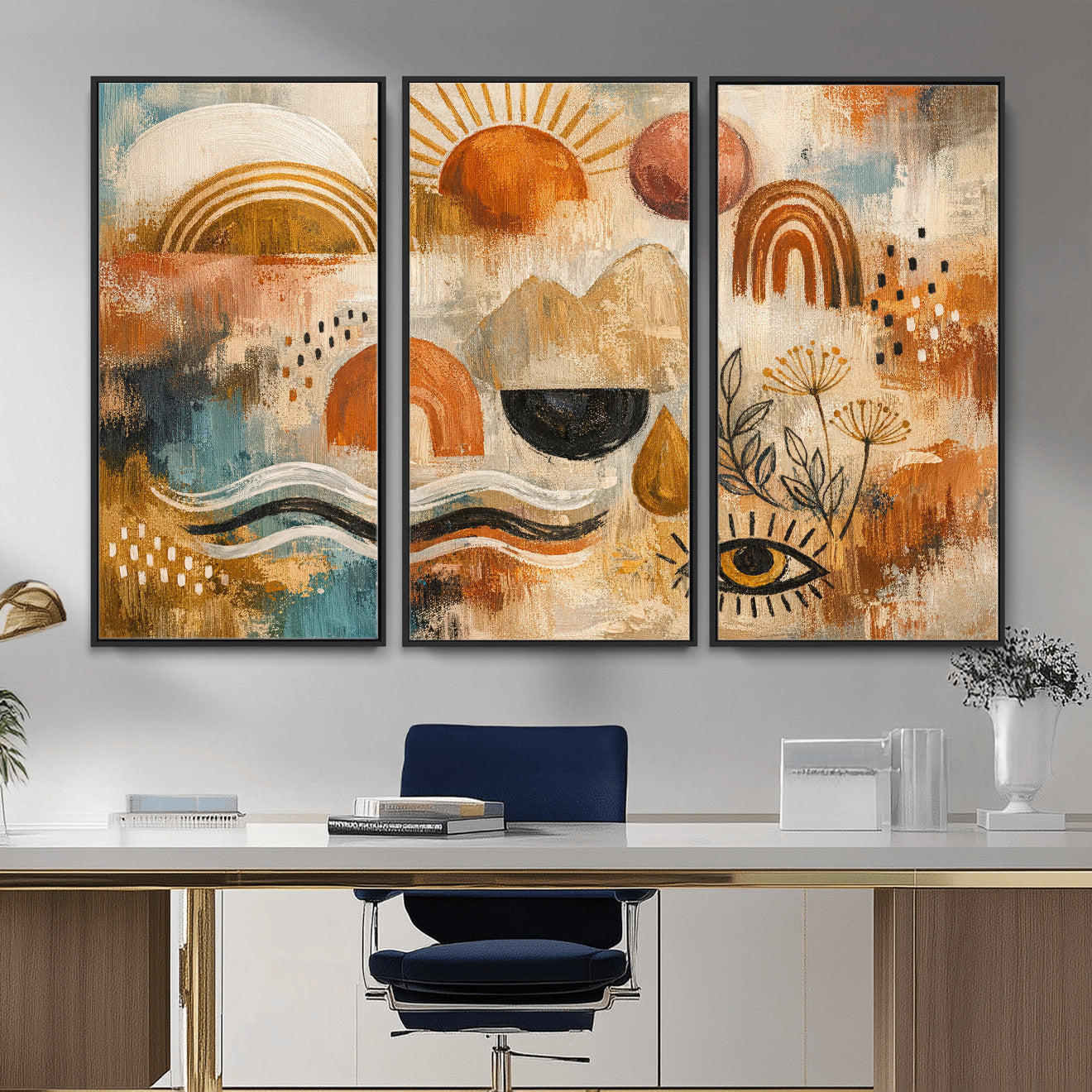 52155239-MGV-CV-36X24 - Geometric Boho Abstract Wall Art Canvas Print, Orange Blue Abstract Expressionist Painting Print, Modern Geometric Abstract Canvas Art