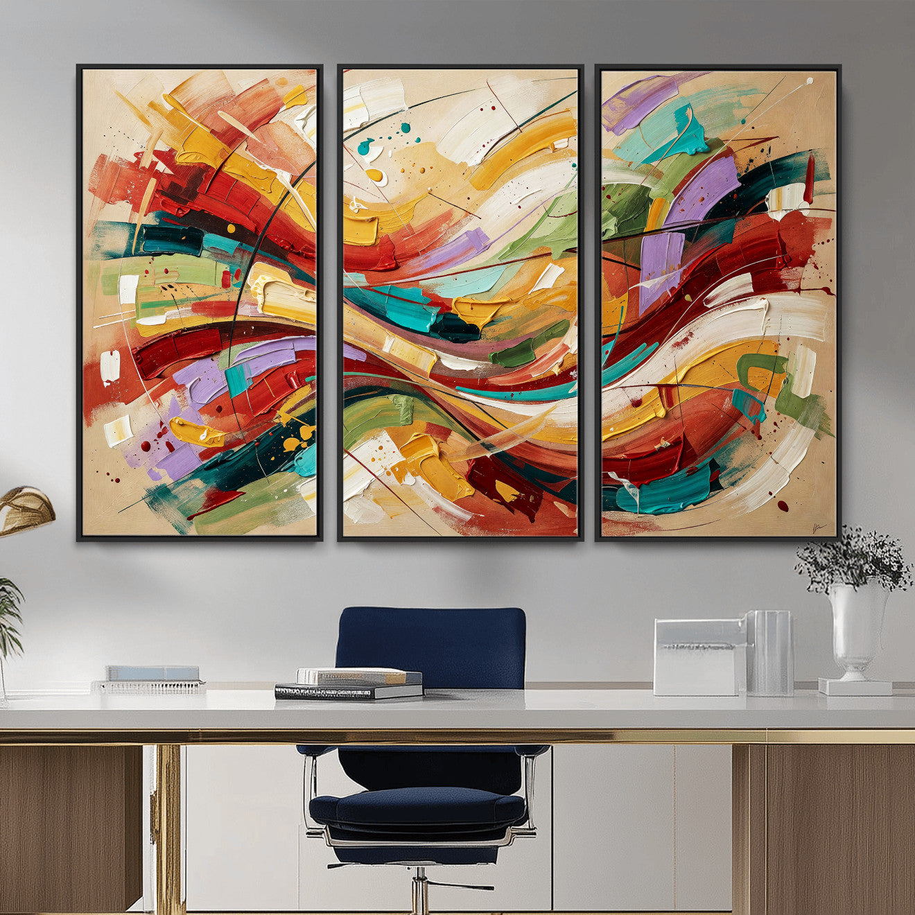 39887645-MGV-CV-36X24 - Geometric Abstract Wall Art Canvas Print, Orange Blue Abstract Expressionist Painting Print, Modern Geometric Abstract Canvas Art