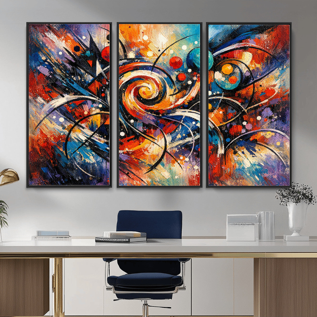 60193267-MGV-CV-36X24 - Geometric Abstract Wall Art Canvas Print, Orange Blue Abstract Expressionist Painting Print, Modern Geometric Abstract Canvas Art