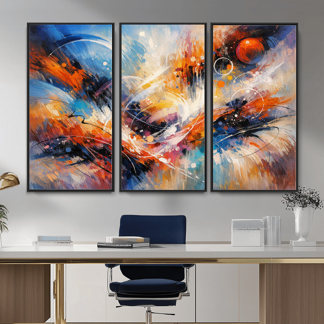 47770355-MGV-CV-36X24 - Geometric Abstract Wall Art Canvas Print, Orange Blue Abstract Expressionist Painting Print, Modern Geometric Abstract Canvas Art