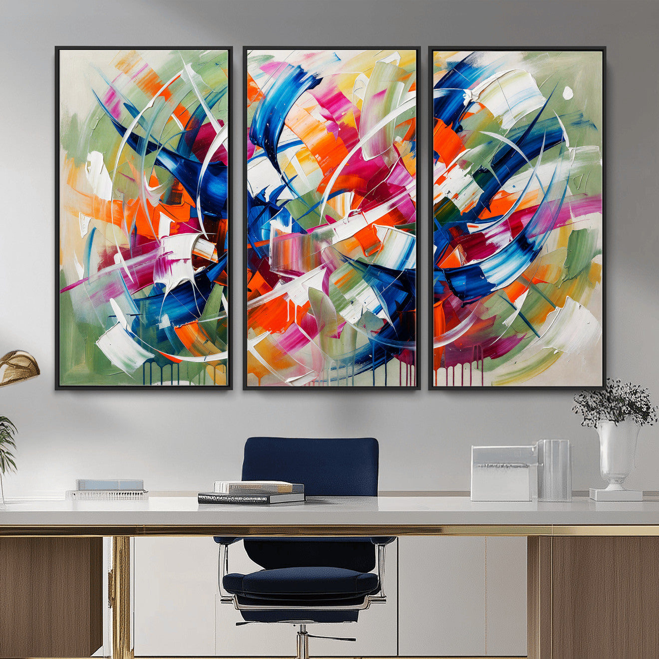 15032888-MGV-CV-36X24 - Geometric Abstract Wall Art Canvas Print, Orange Blue Abstract Expressionist Painting Print, Modern Geometric Abstract Canvas Art