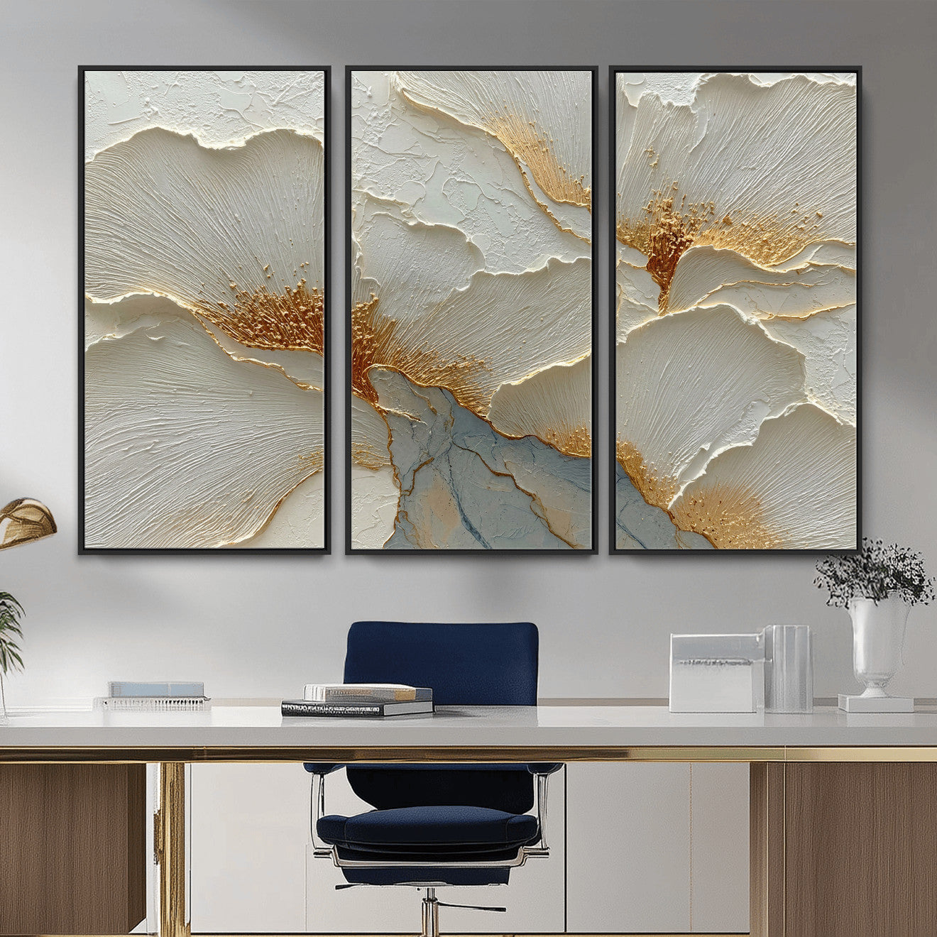 4712069F1-MGV-CV-36X24 - White Gold Floral Canvas Wall Art — Textured Flower Print | Luxury Botanical Decor | Elegant Bedroom Art | Gold Leaf Wall Art Gift