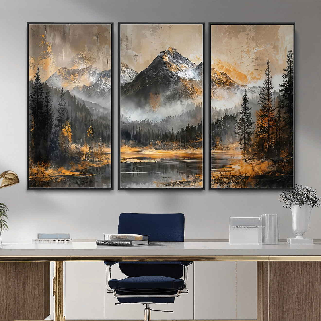 4712069D1-MGV-CV-36X24 - Mountain Lake Canvas Wall Art — Rustic Forest Landscape Print | Gold Grey Nature Decor | Cabin Wall Art | Large Wilderness Art Print Gift