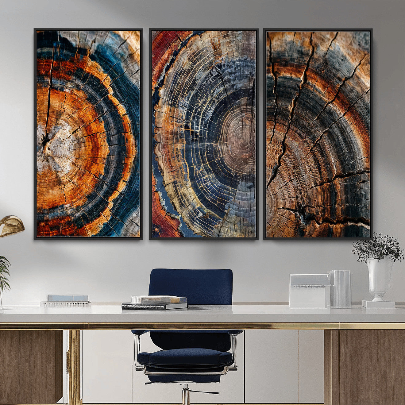 4712069W1-MGV-CV-48X32-3P - Tree Ring Triptych Canvas Wall Art — Set of 3 Wood Grain Print | Rustic Nature Decor | Earth Tone Wall Art | Unique Living Room Art Gift