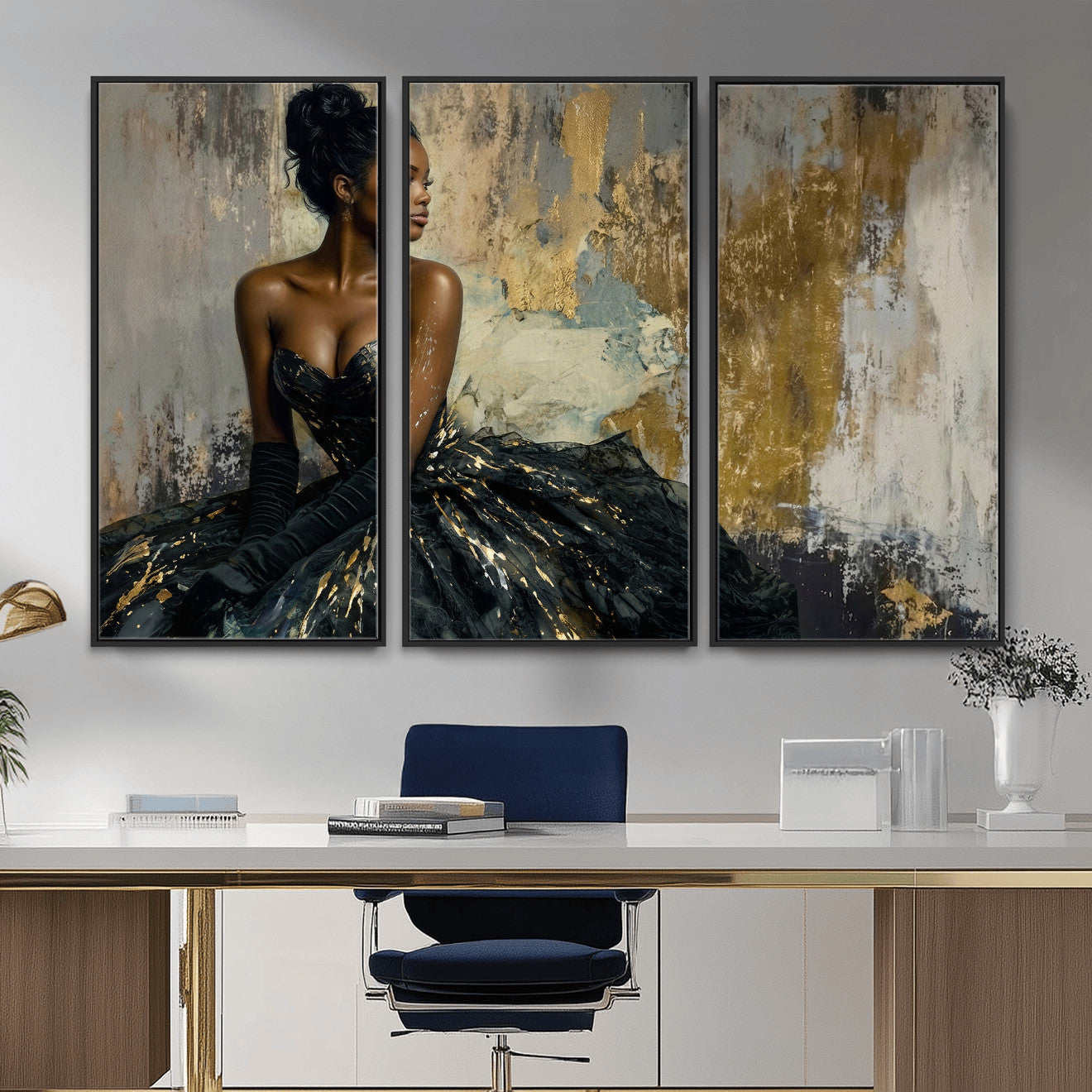4712069Z1-MGV-CV-36X24 - Elegant Woman Canvas Wall Art — Black Gold Gown Fashion Print | Luxury Glam Wall Decor | African American Art | Bold Bedroom Wall Art Gift