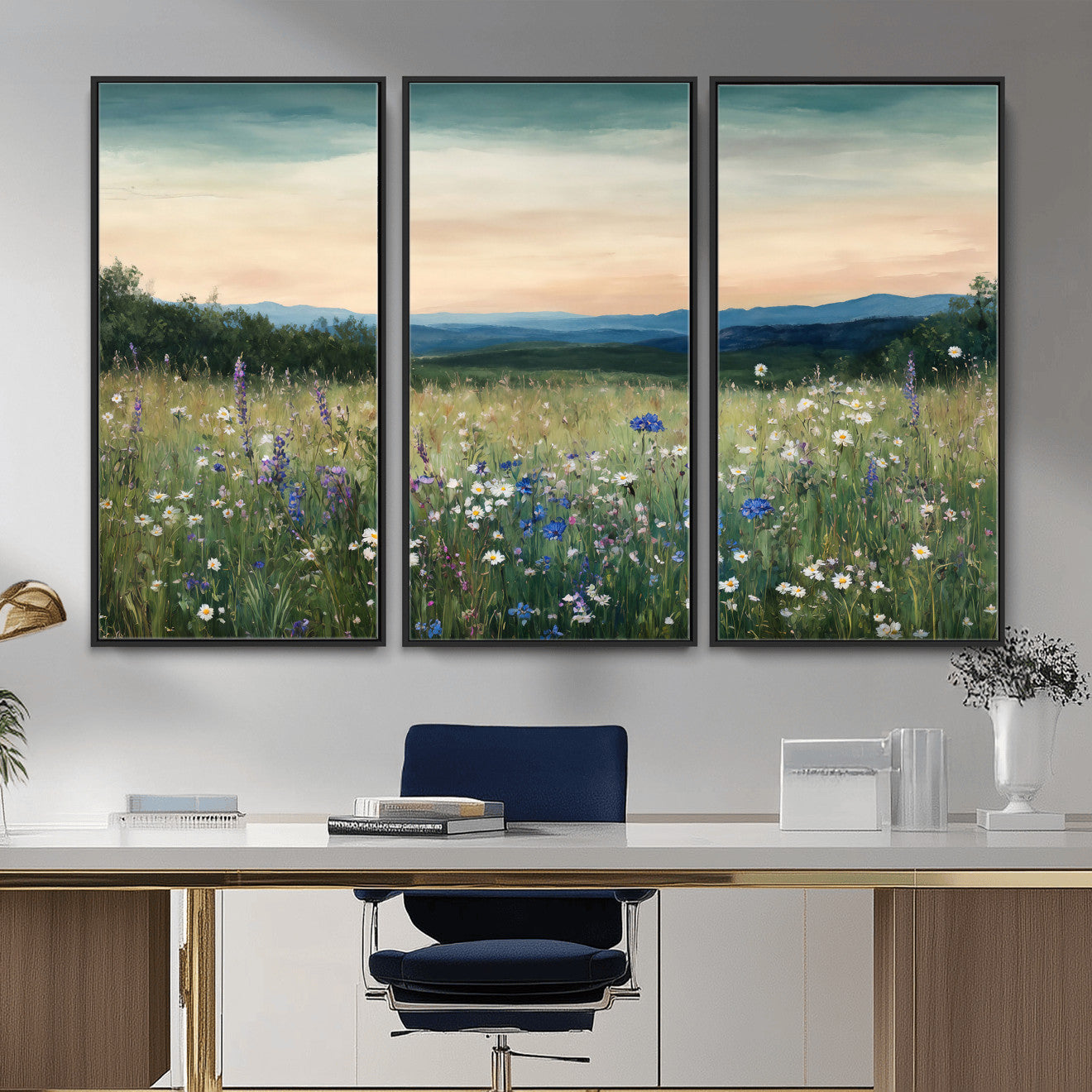 35773805-MGV-CV-36X24 - Wildflower Meadow Oil Painting Canvas Print - Daisy Lavender Mountain Sunset Print | Cottagecore Floral Wall Art - Bedroom Decor Gift for Her
